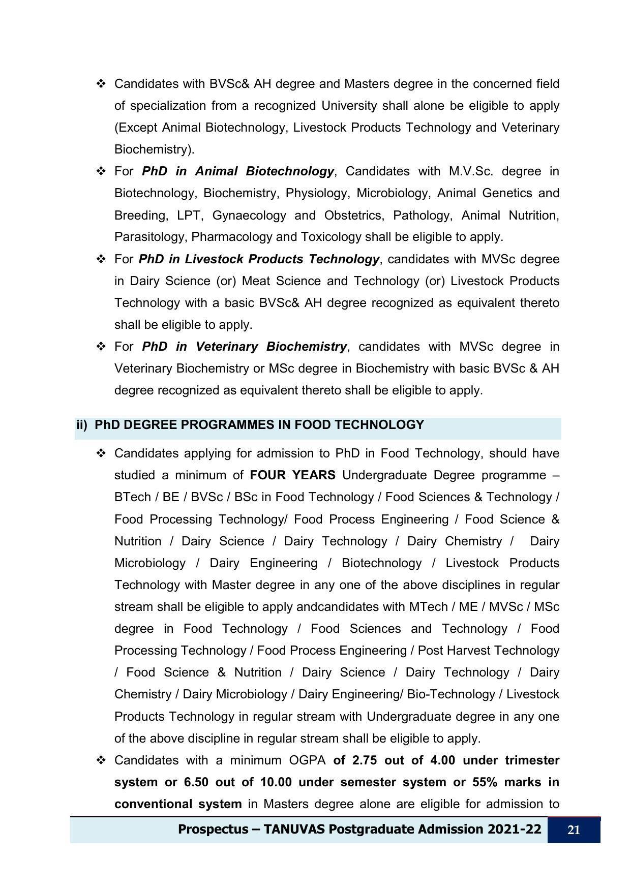 Tamil Nadu Veterinary & Animal Sciences University (TNVASU), Chennai UG Prospectus 2021-22 - Page 22