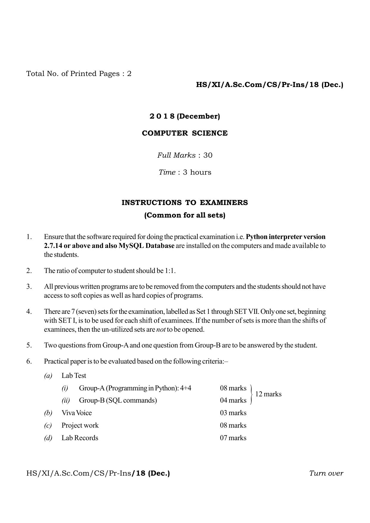 Meghalaya Board (MBOSE) Class 11 Computer_Science__Inctruction___Practical_ 2019 Question Paper - Page 1