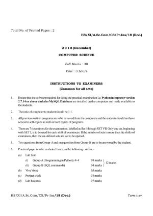Meghalaya Board (MBOSE) Class 11 Computer_Science__Inctruction___Practical_ 2019 Question Paper