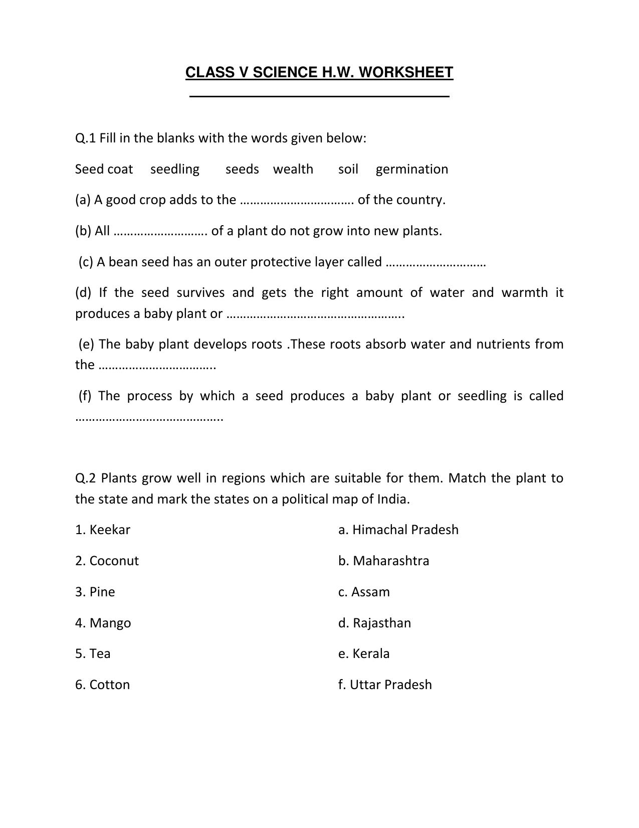 Worksheet for Class 5 Science Assignment 23 - Page 1