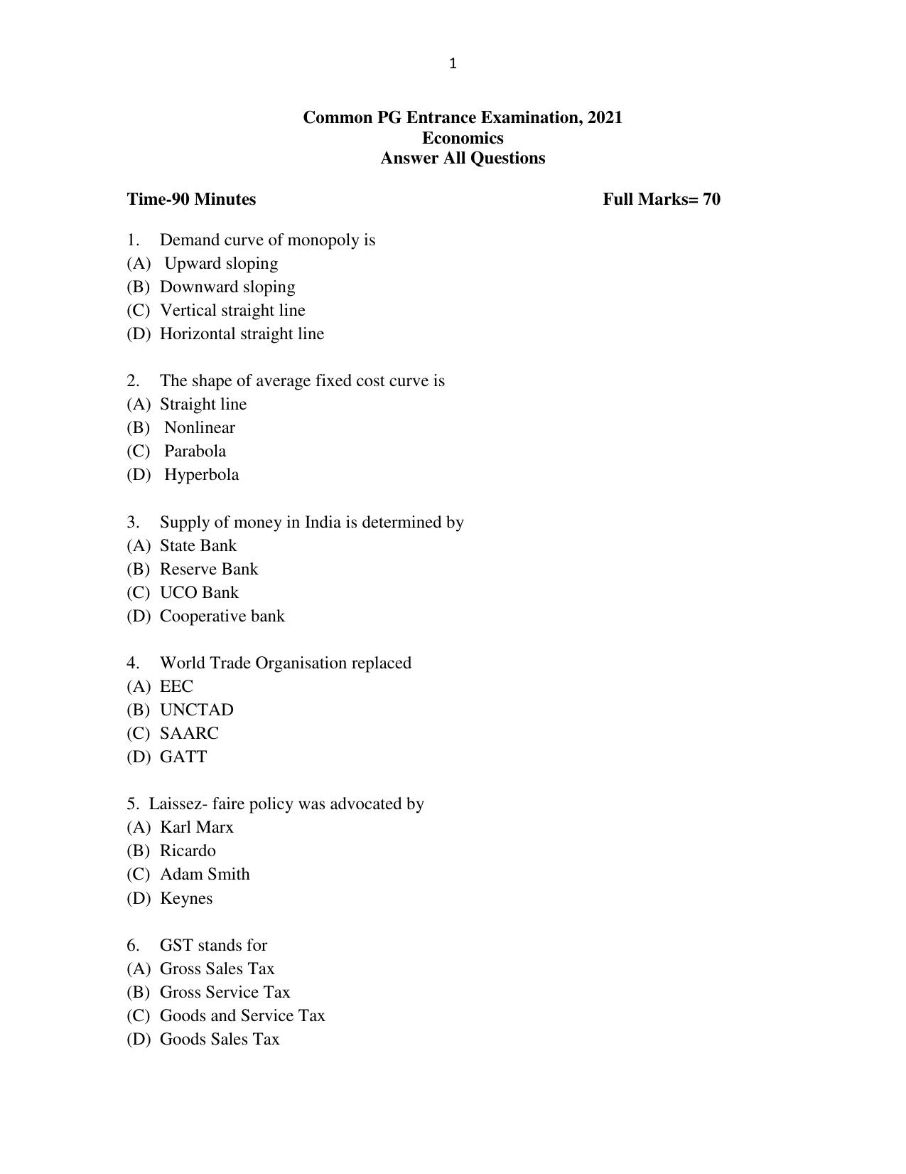 Odisha CPET 2021 ECONOMICS Question Paper - Page 1