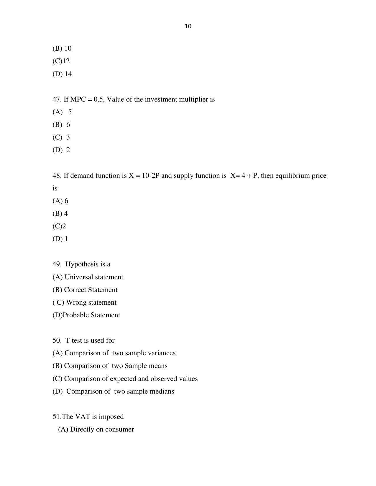 Odisha CPET 2021 ECONOMICS Question Paper - Page 10