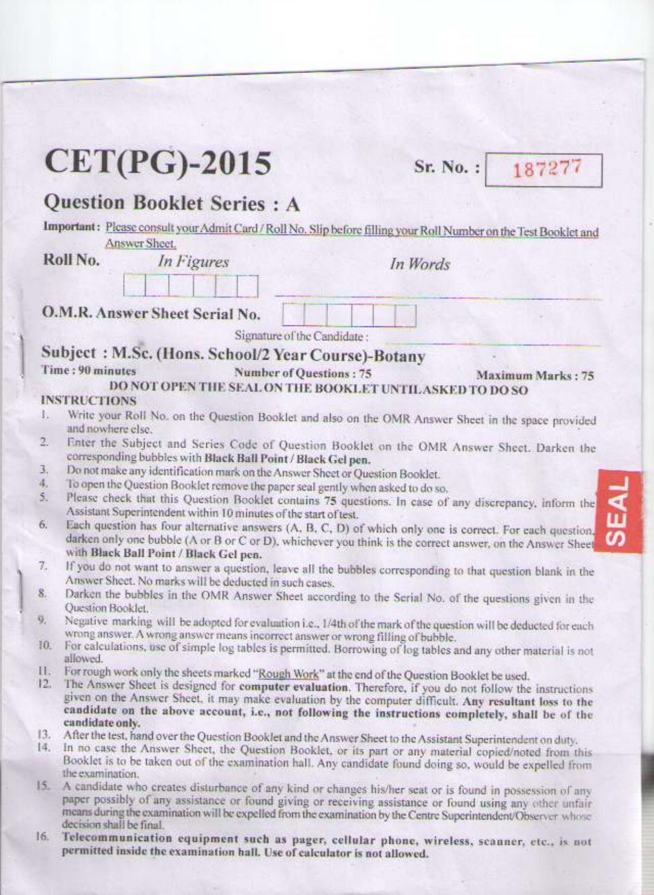 PU CET PG 2015: MSc (HS/2yr)(Botany) Question Paper - Page 1