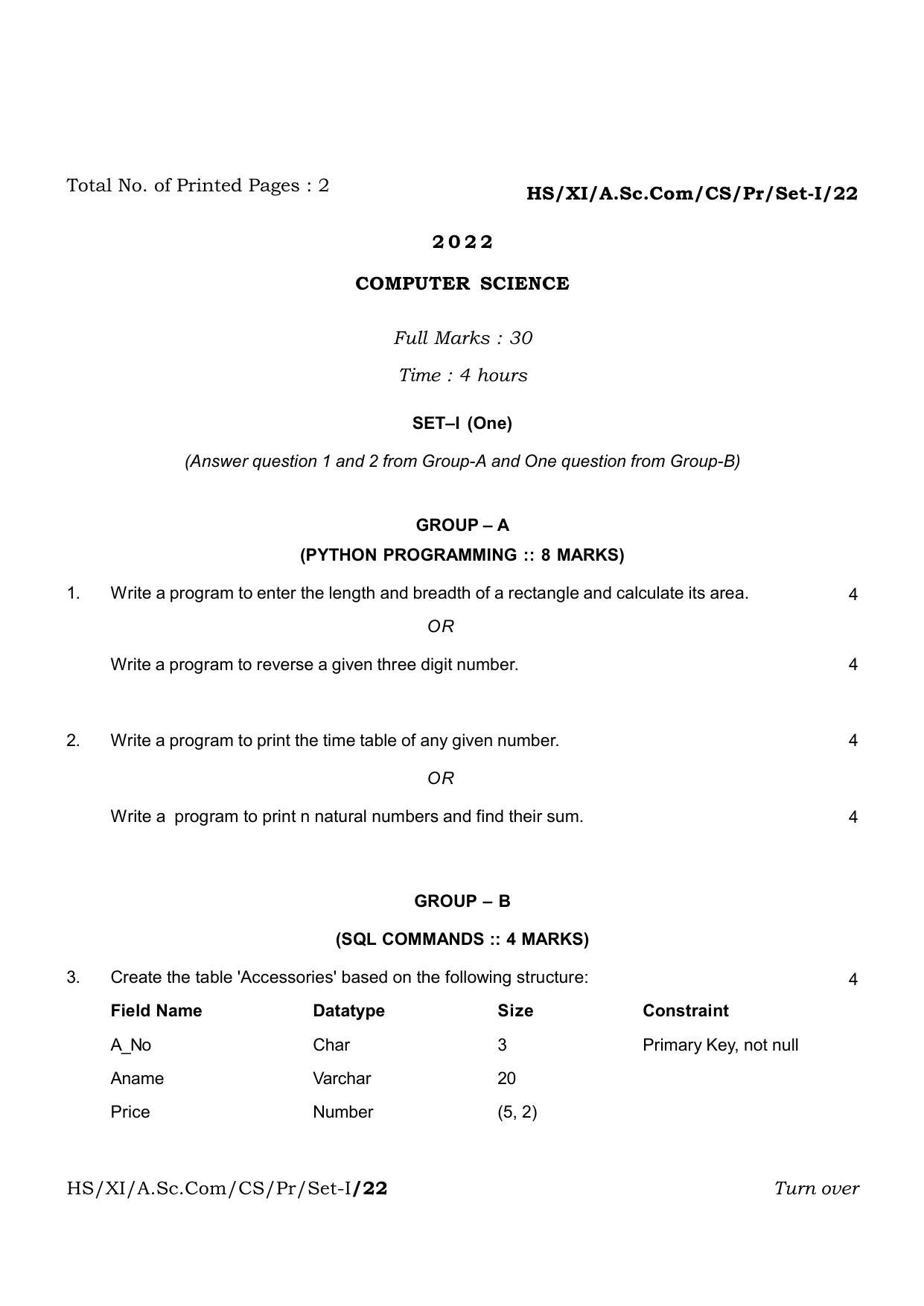 Meghalaya Board (MBOSE) Class 11 Computer Science Set I to VII (practical) 2022 Question Paper - Page 1