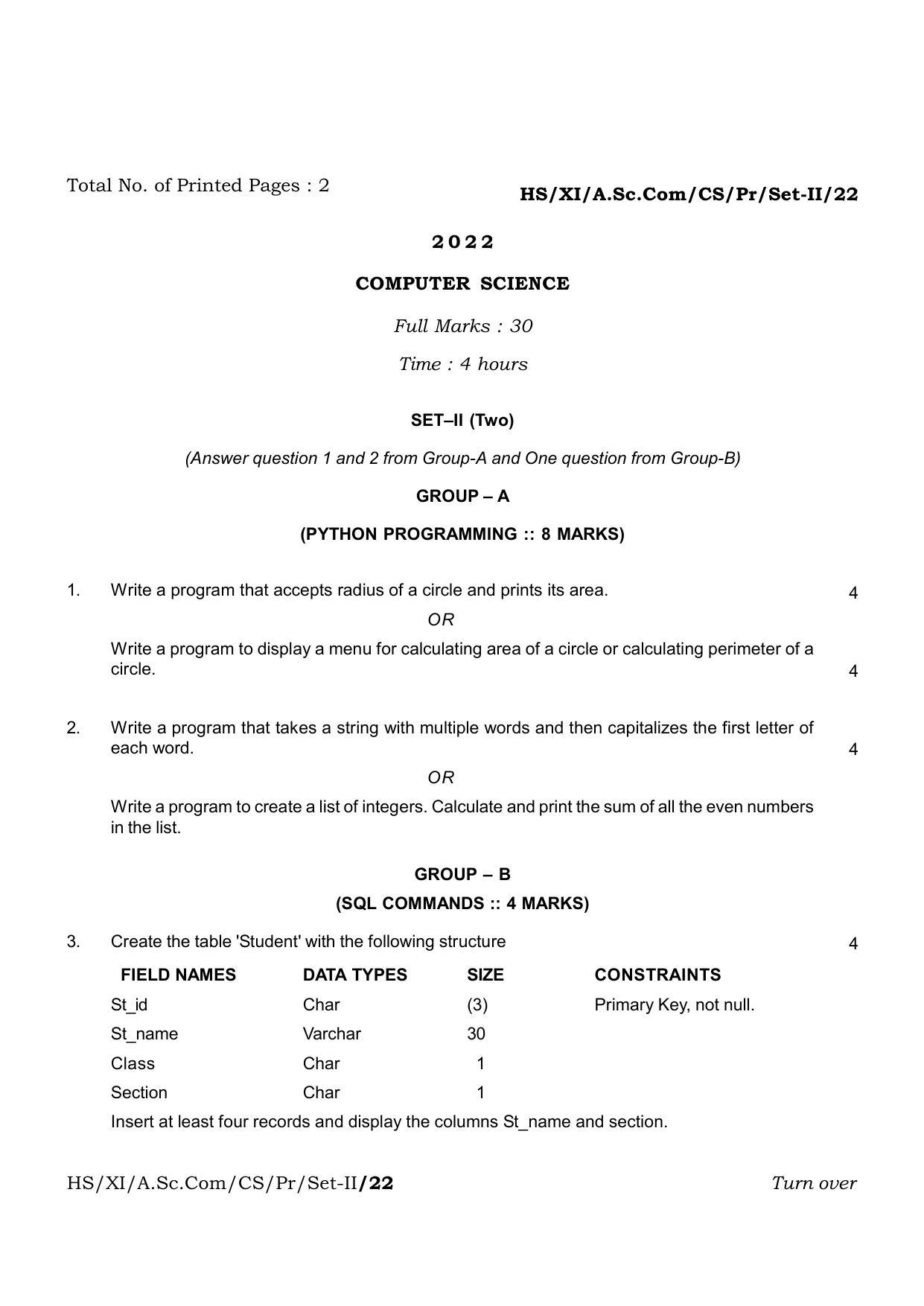 Meghalaya Board (MBOSE) Class 11 Computer Science Set I to VII (practical) 2022 Question Paper - Page 3