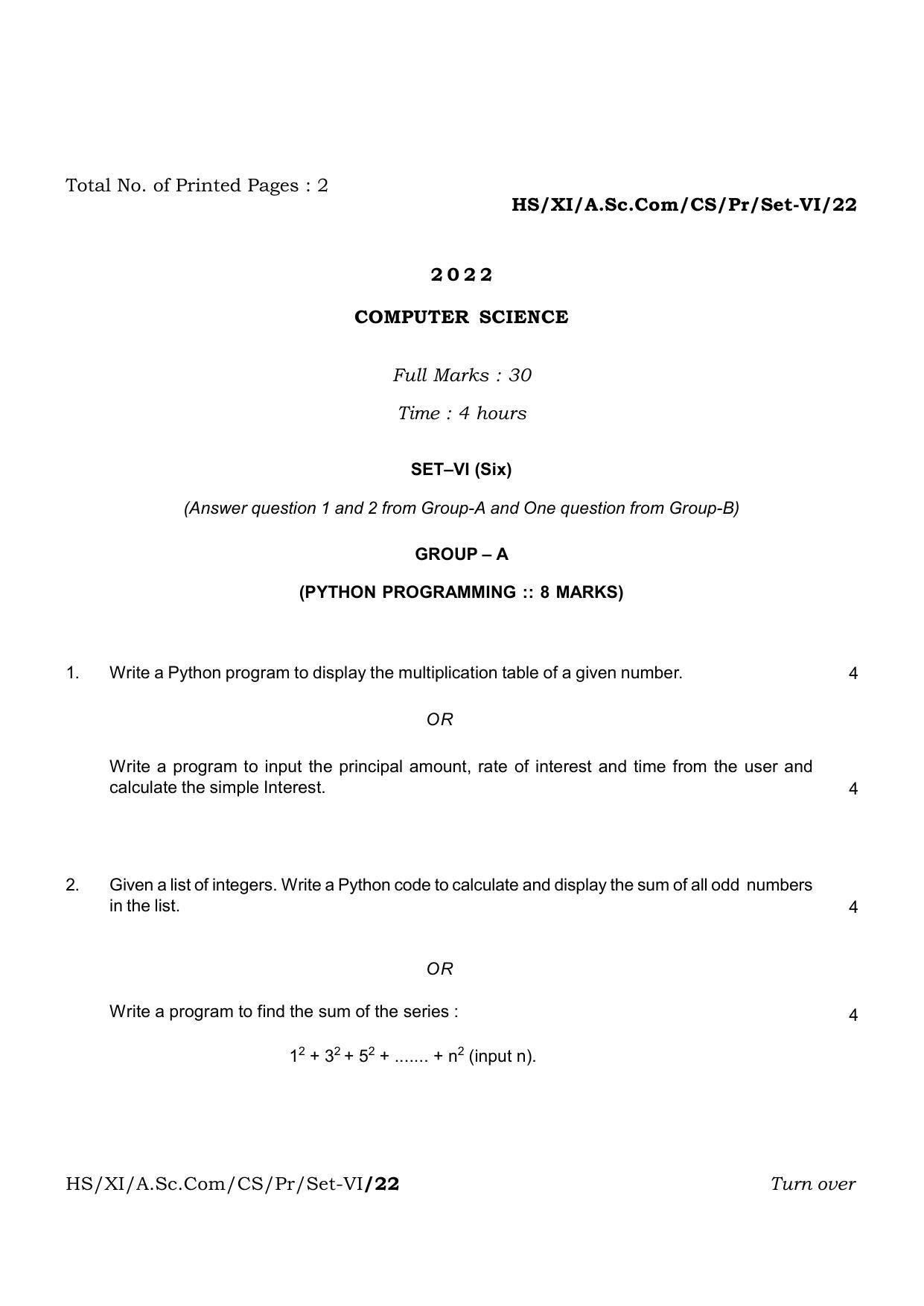 Meghalaya Board (MBOSE) Class 11 Computer Science Set I to VII (practical) 2022 Question Paper - Page 11