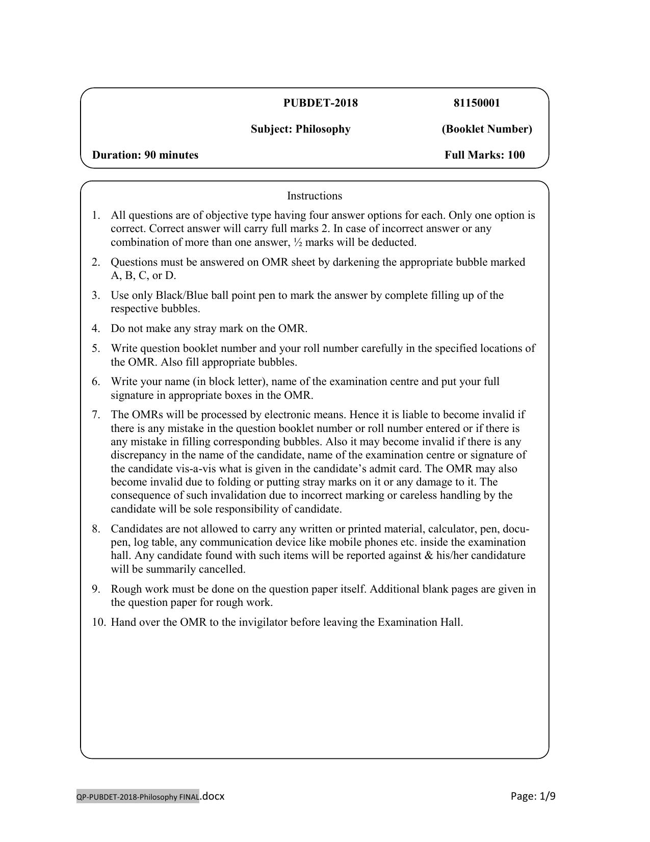 PUBDET 2018 Philosophy Question Papers - Page 1
