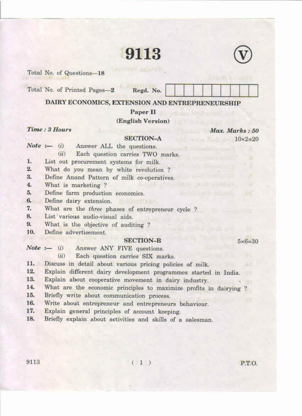 AP Inter. 2nd Year Vocational Question Paper May – 2019 - Dairy Economics, Extension and Enterepreneurship-II - Page 1