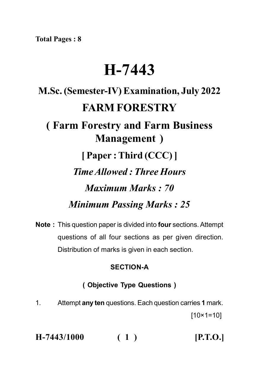 Sarguja University Question Paper July-2022 : M.Sc. In Farm-Forestry (Fourth sem.)Farm Forestry And Farm Business Management Paper 1 - Page 1