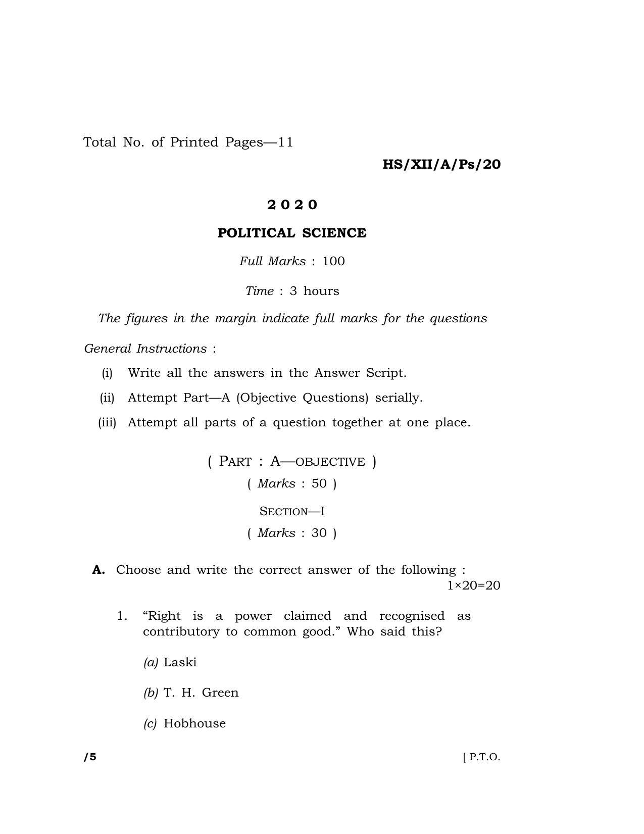 Meghalaya Board (MBOSE) Class 12 POLITICAL SCIENCE 2020 Question Paper - Page 1