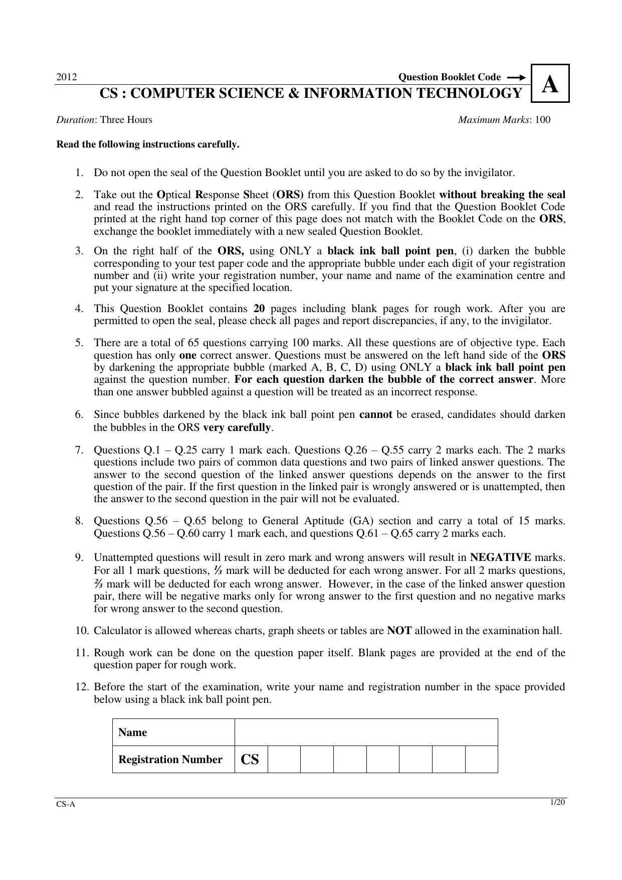 GATE 2012 Computer Science and Information Technology (CS) Question Paper with Answer Key - Page 1