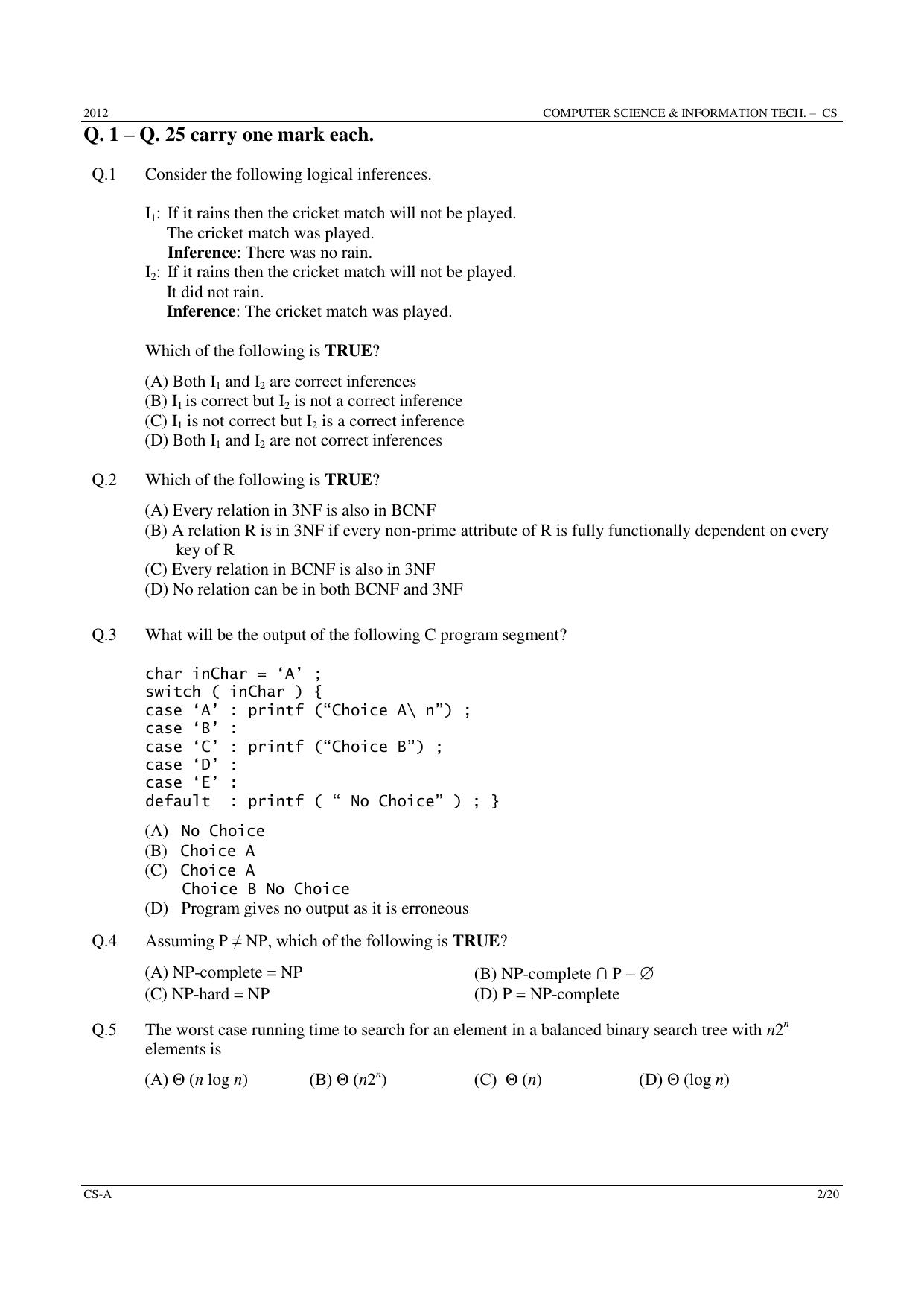 GATE 2012 Computer Science and Information Technology (CS) Question Paper with Answer Key - Page 2