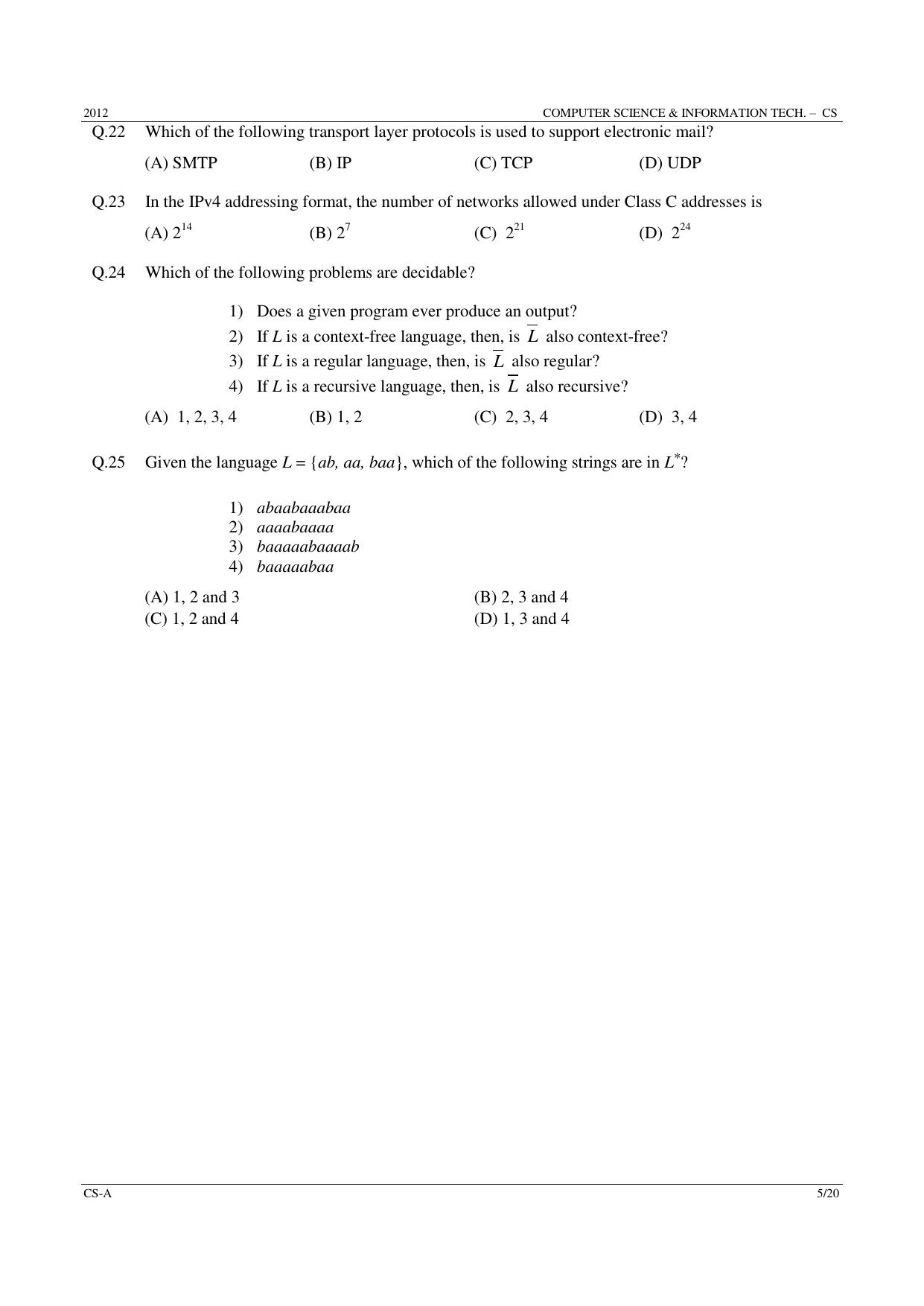 GATE 2012 Computer Science and Information Technology (CS) Question Paper with Answer Key - Page 5