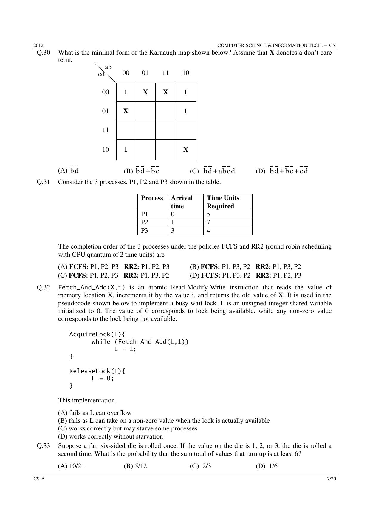 GATE 2012 Computer Science and Information Technology (CS) Question Paper with Answer Key - Page 7