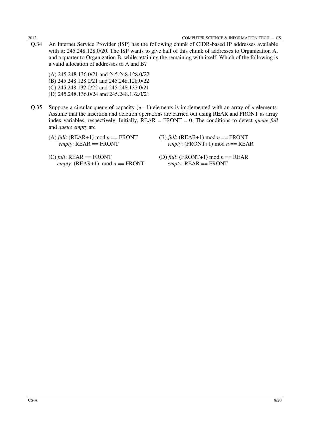 GATE 2012 Computer Science and Information Technology (CS) Question Paper with Answer Key - Page 8
