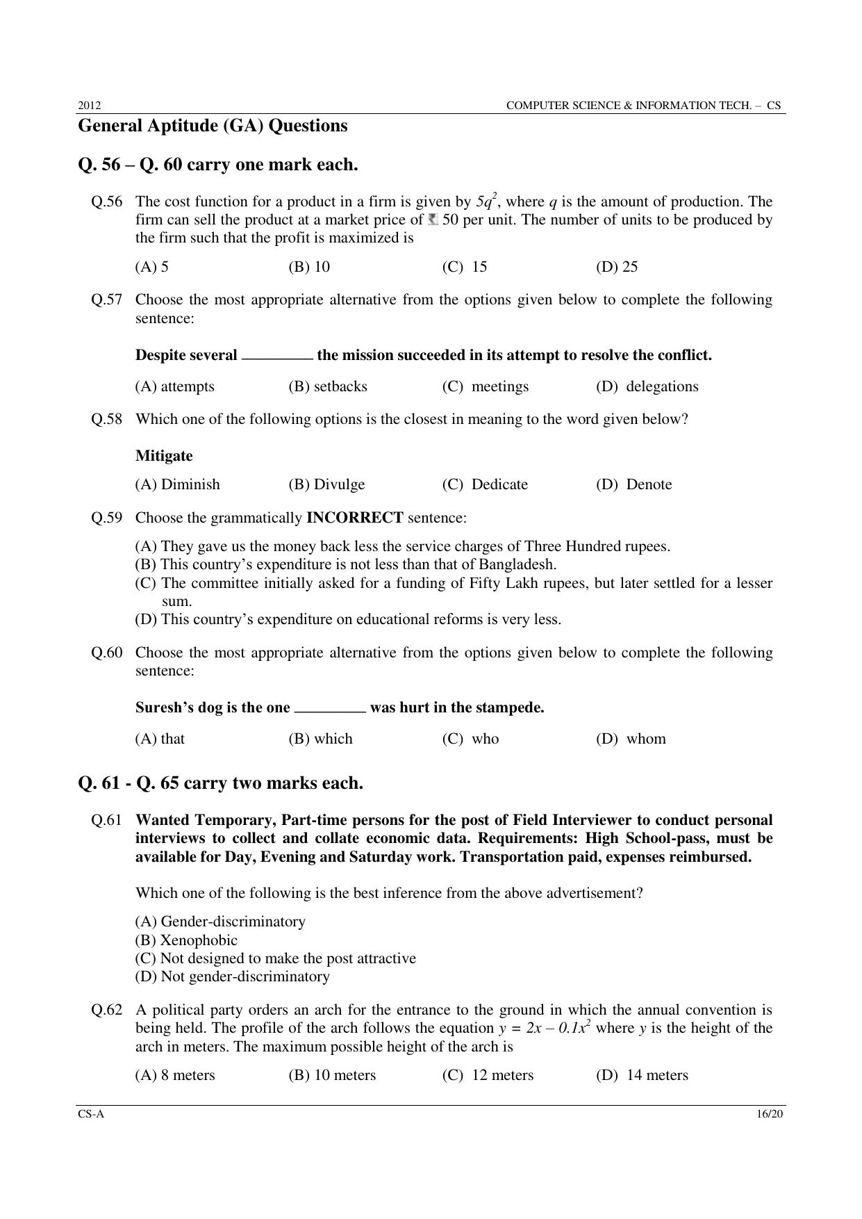 GATE 2012 Computer Science and Information Technology (CS) Question Paper with Answer Key - Page 16
