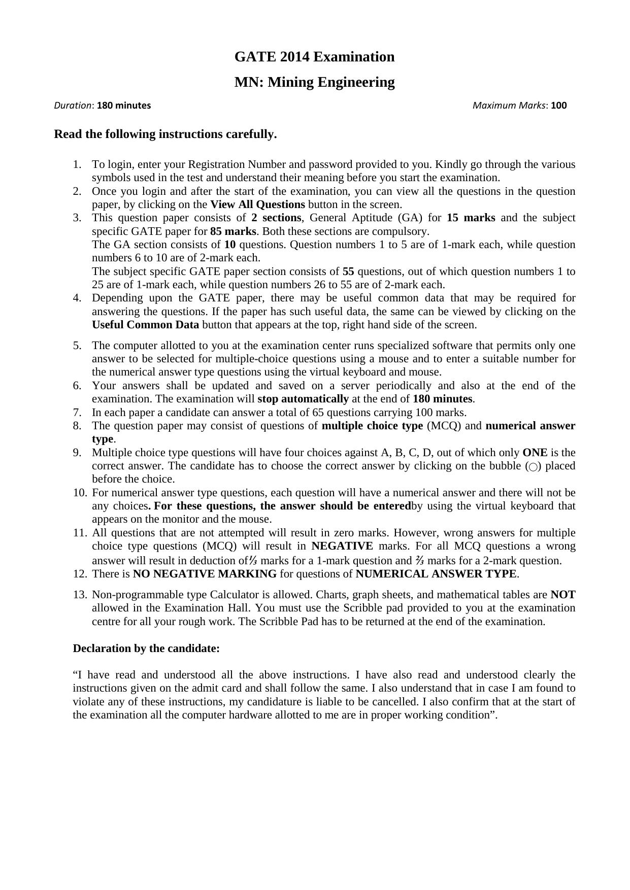 GATE 2014 Mining Engineering (MN) Question Paper with Answer Key - Page 4