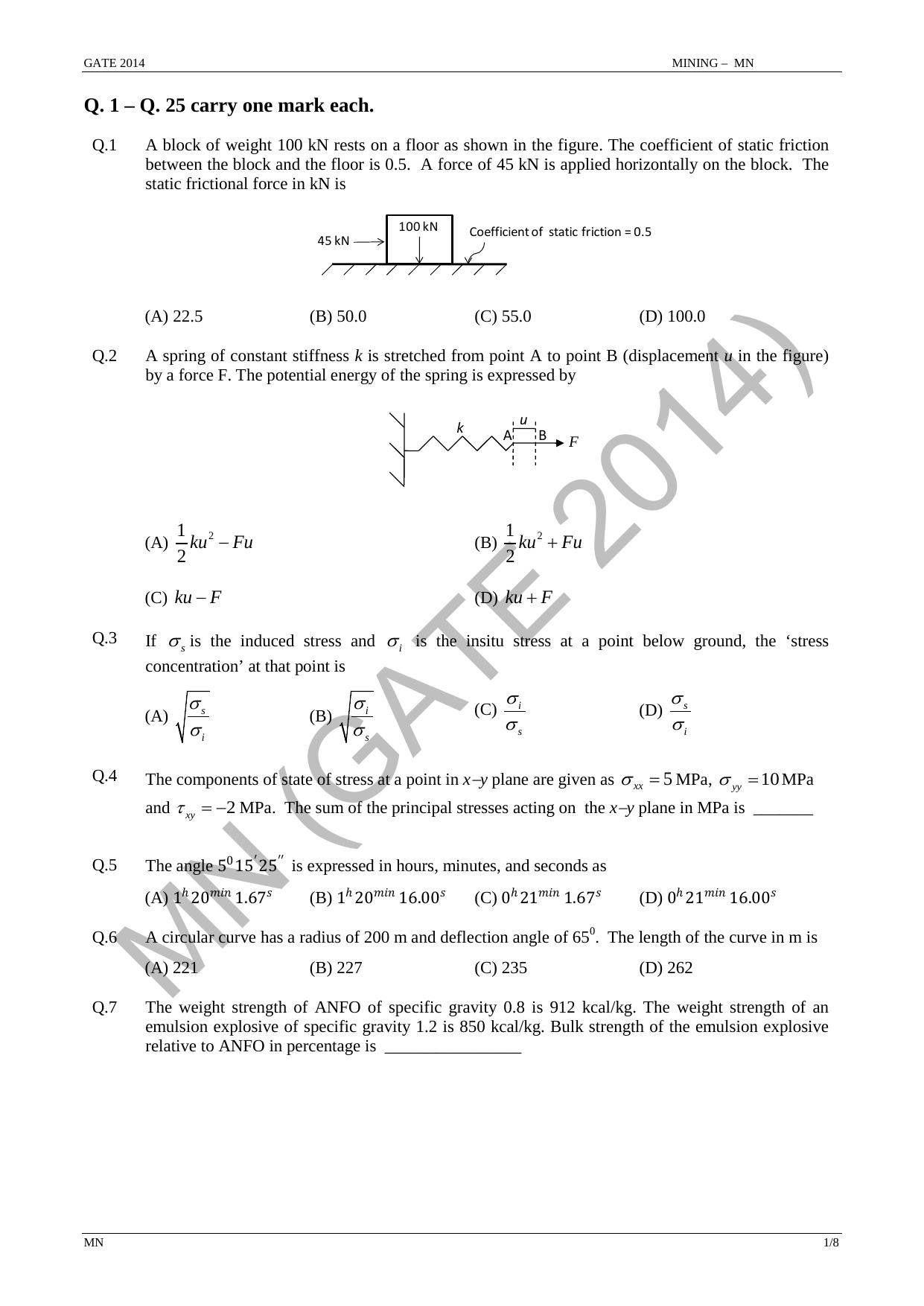 GATE 2014 Mining Engineering (MN) Question Paper with Answer Key - Page 7