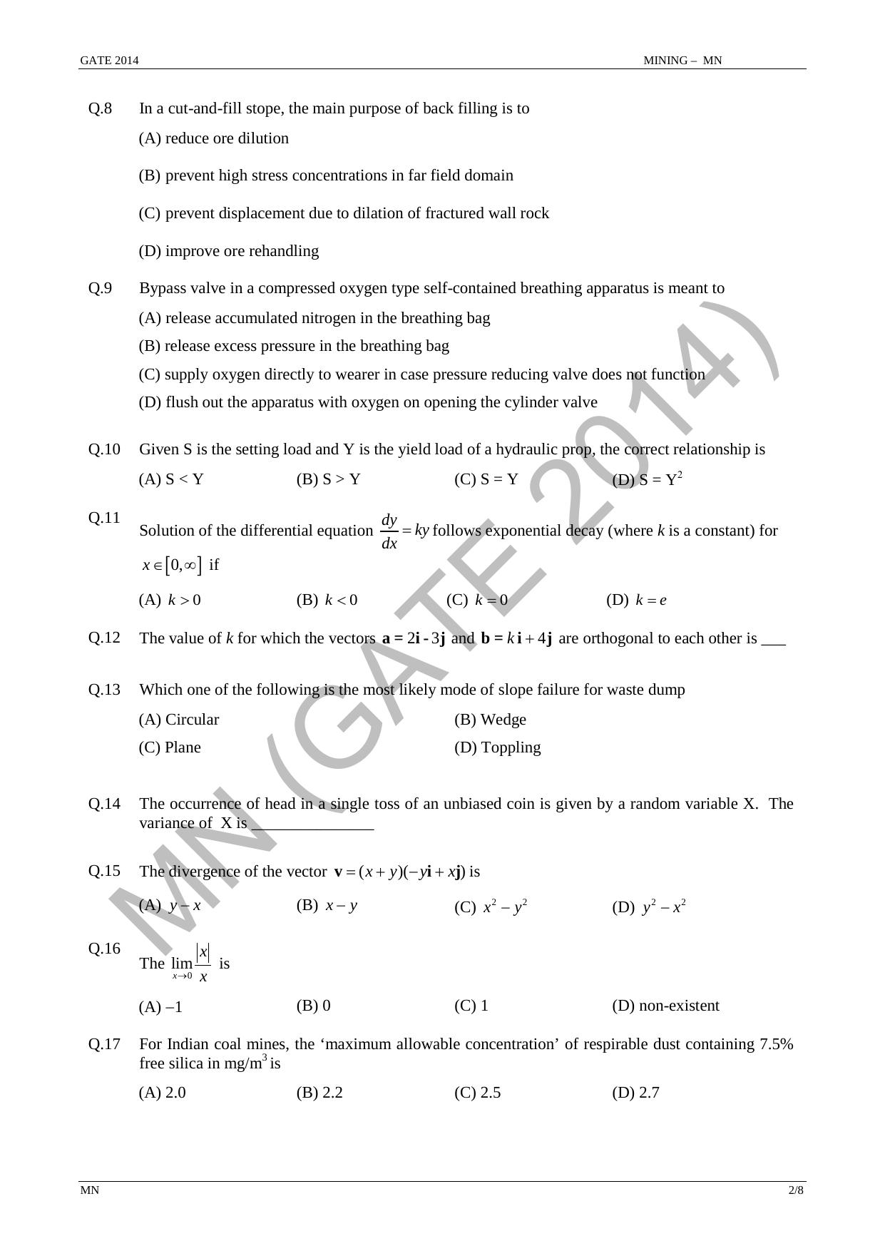 GATE 2014 Mining Engineering (MN) Question Paper with Answer Key - Page 8