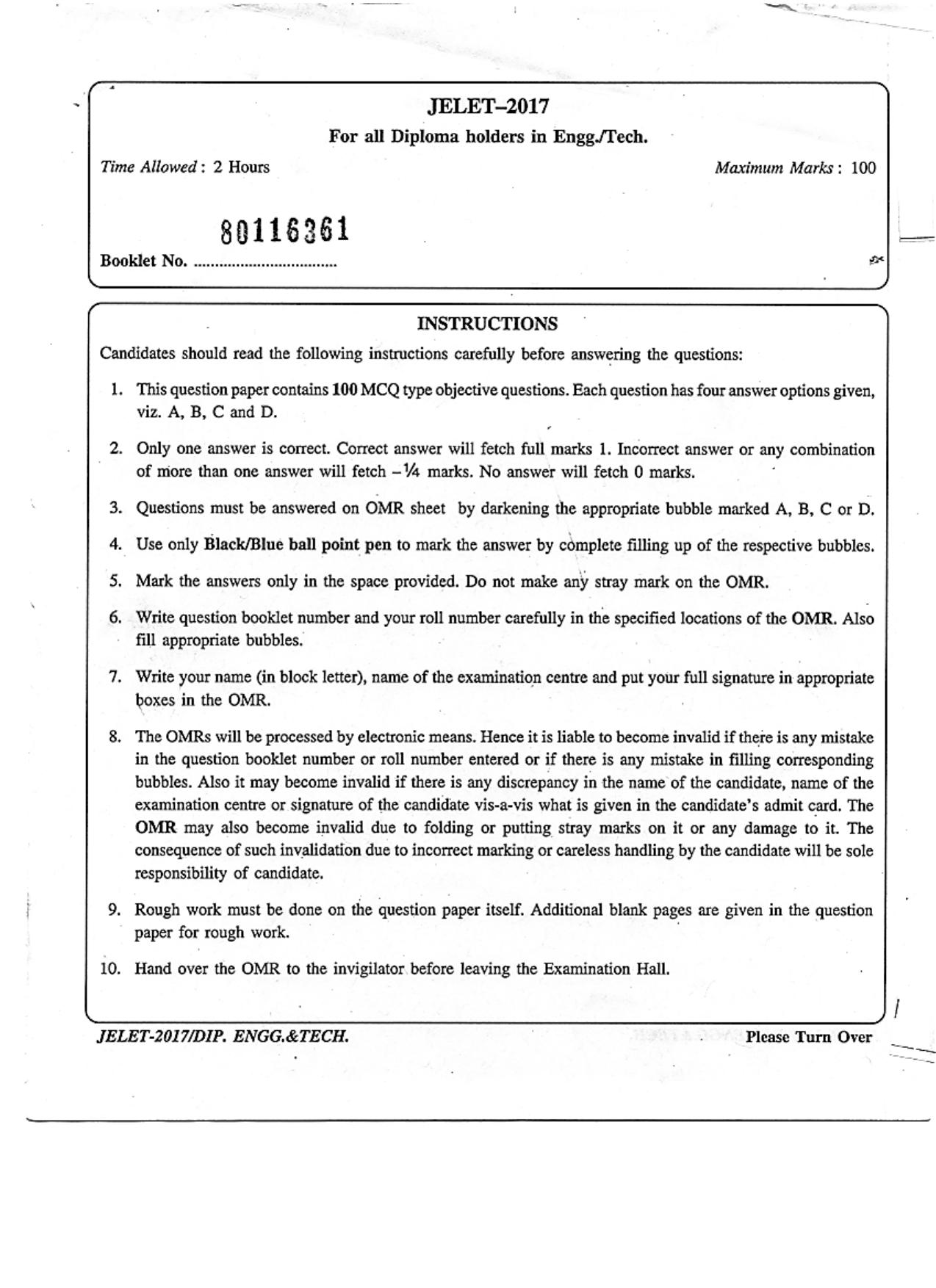 WBJEE  JELET 2017 ( Engg. & Tech. ) - Page 1
