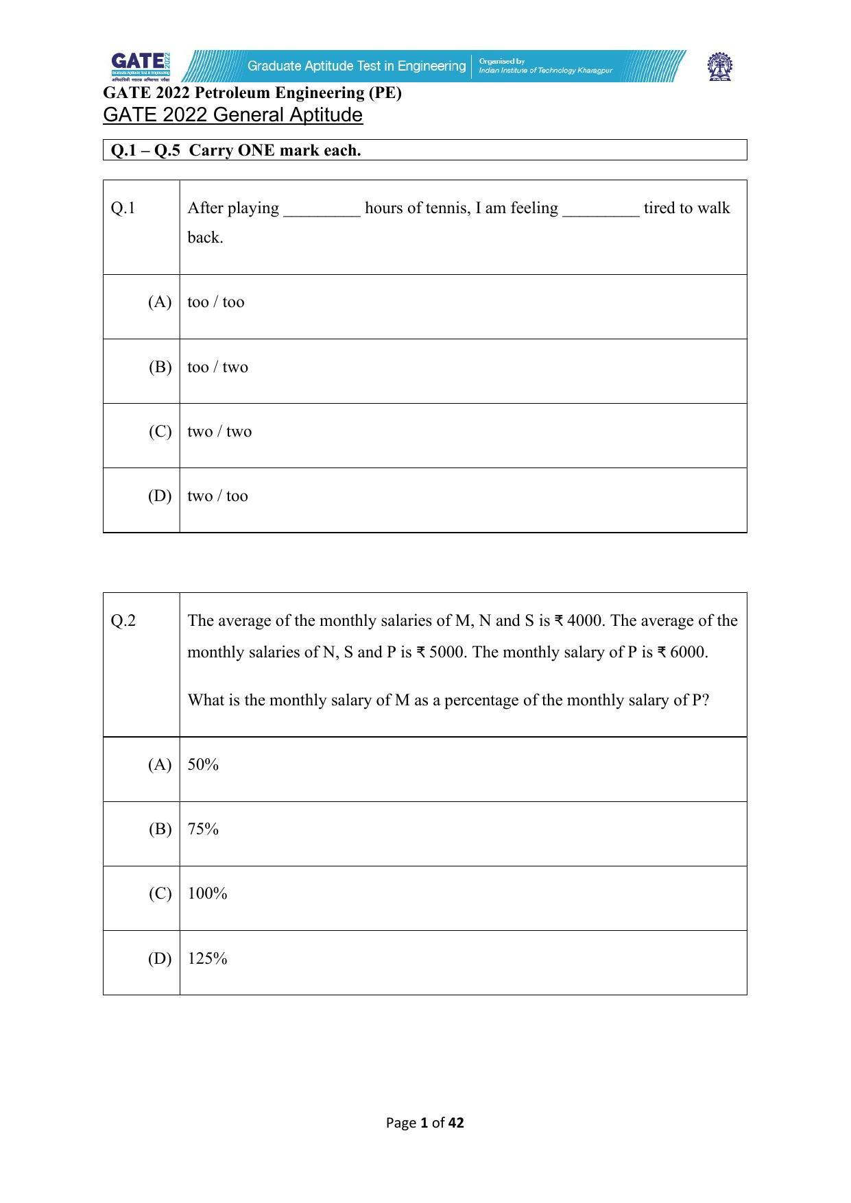 GATE 2022 Petroleum Engineering (PE) Question Paper - Page 1