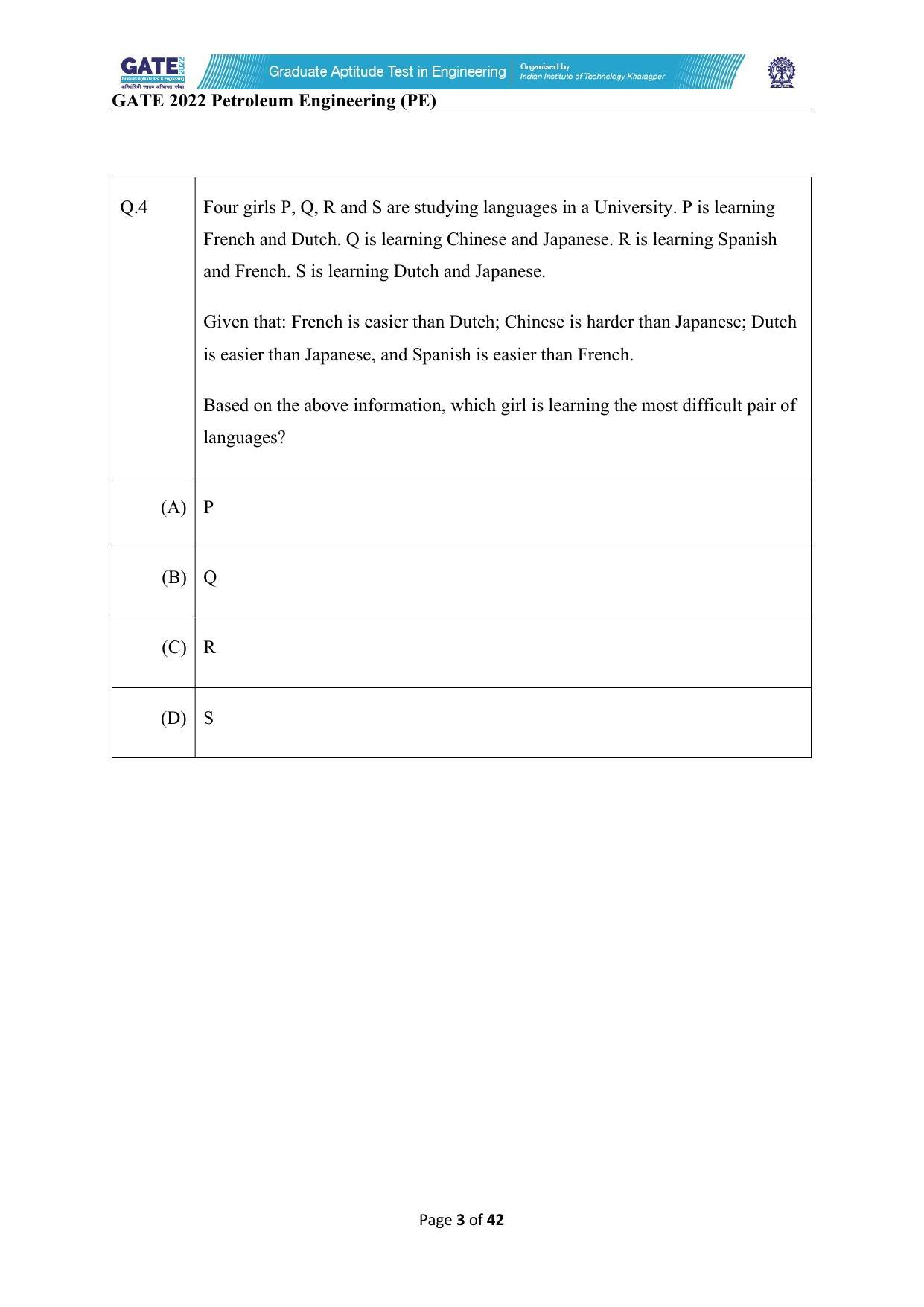 GATE 2022 Petroleum Engineering (PE) Question Paper - Page 3