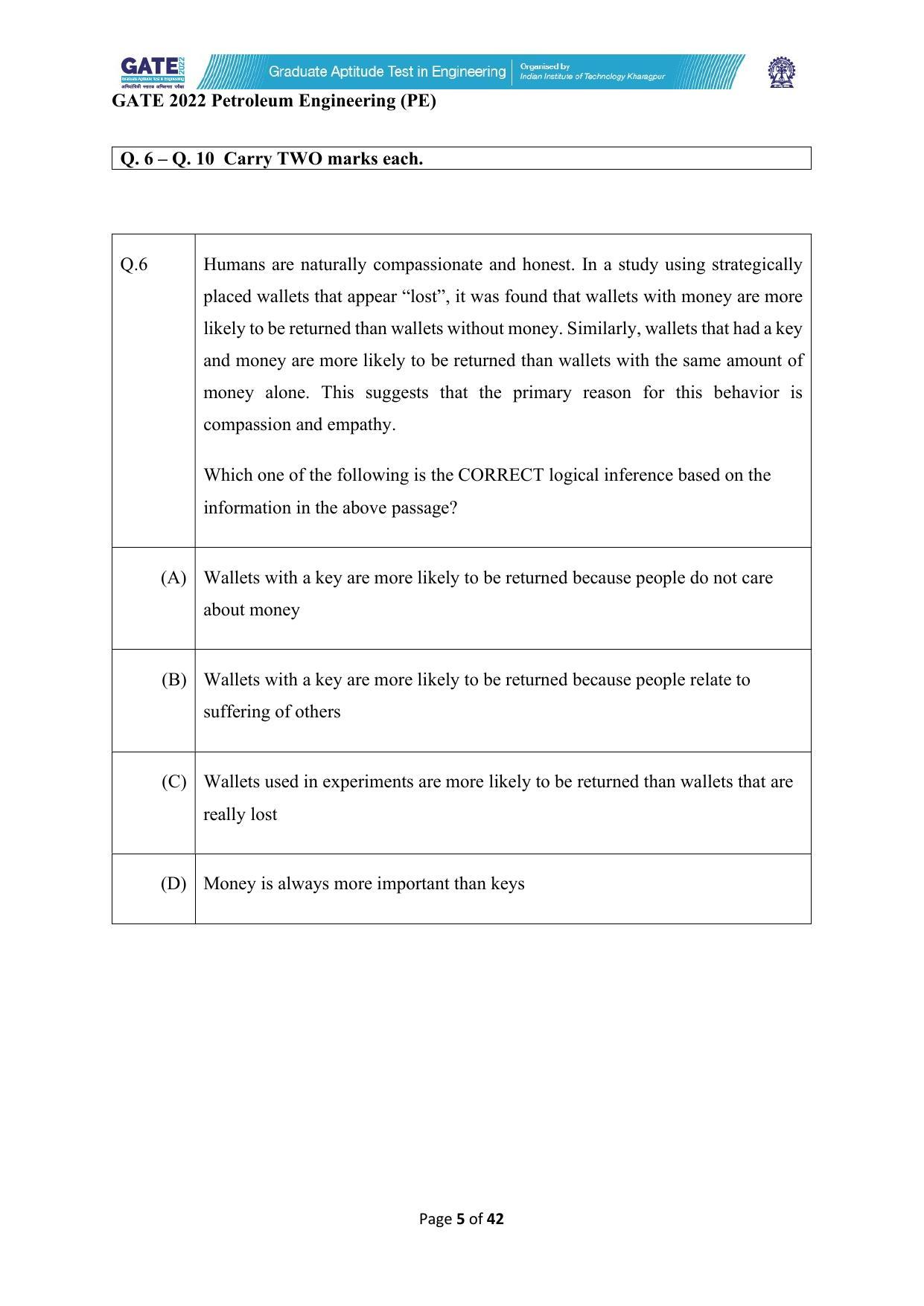 GATE 2022 Petroleum Engineering (PE) Question Paper - Page 5