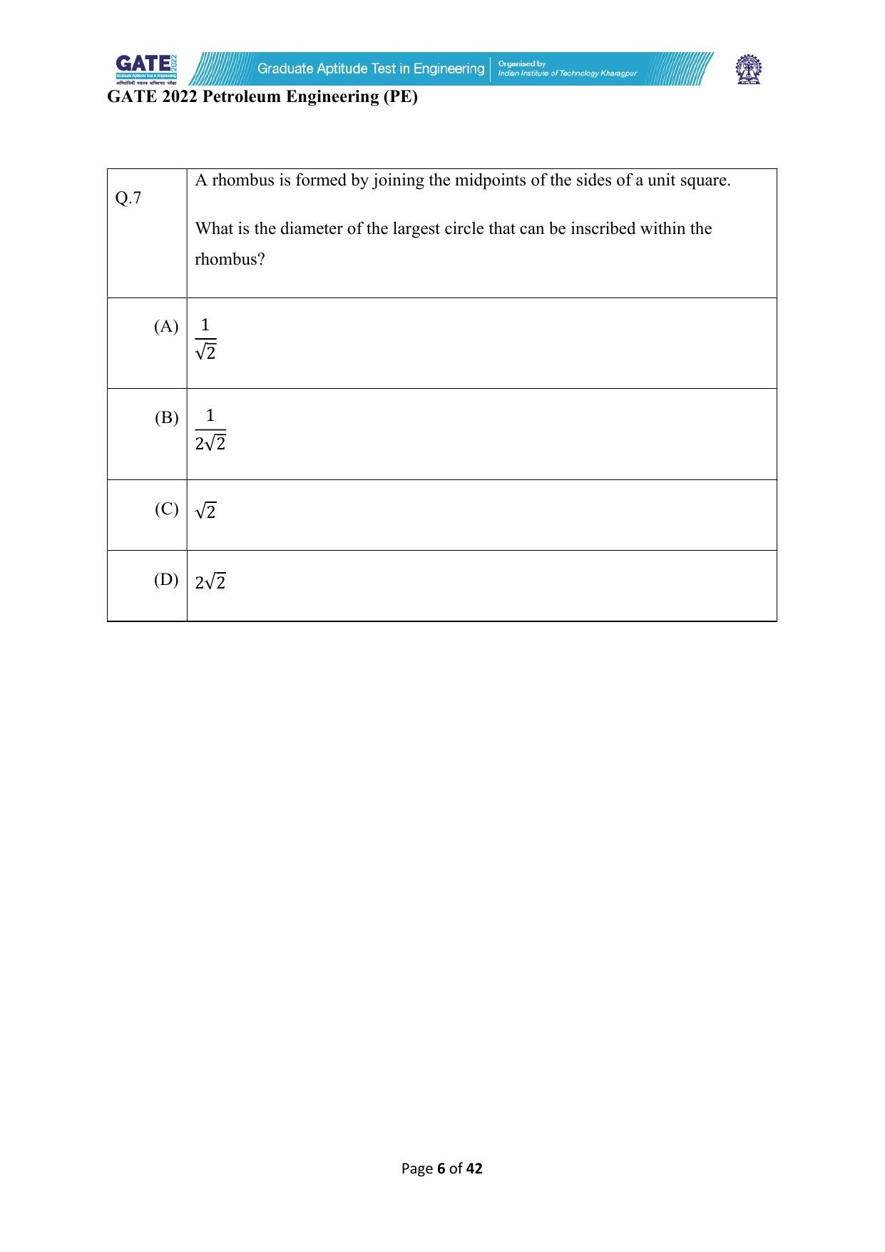 GATE 2022 Petroleum Engineering (PE) Question Paper - Page 6