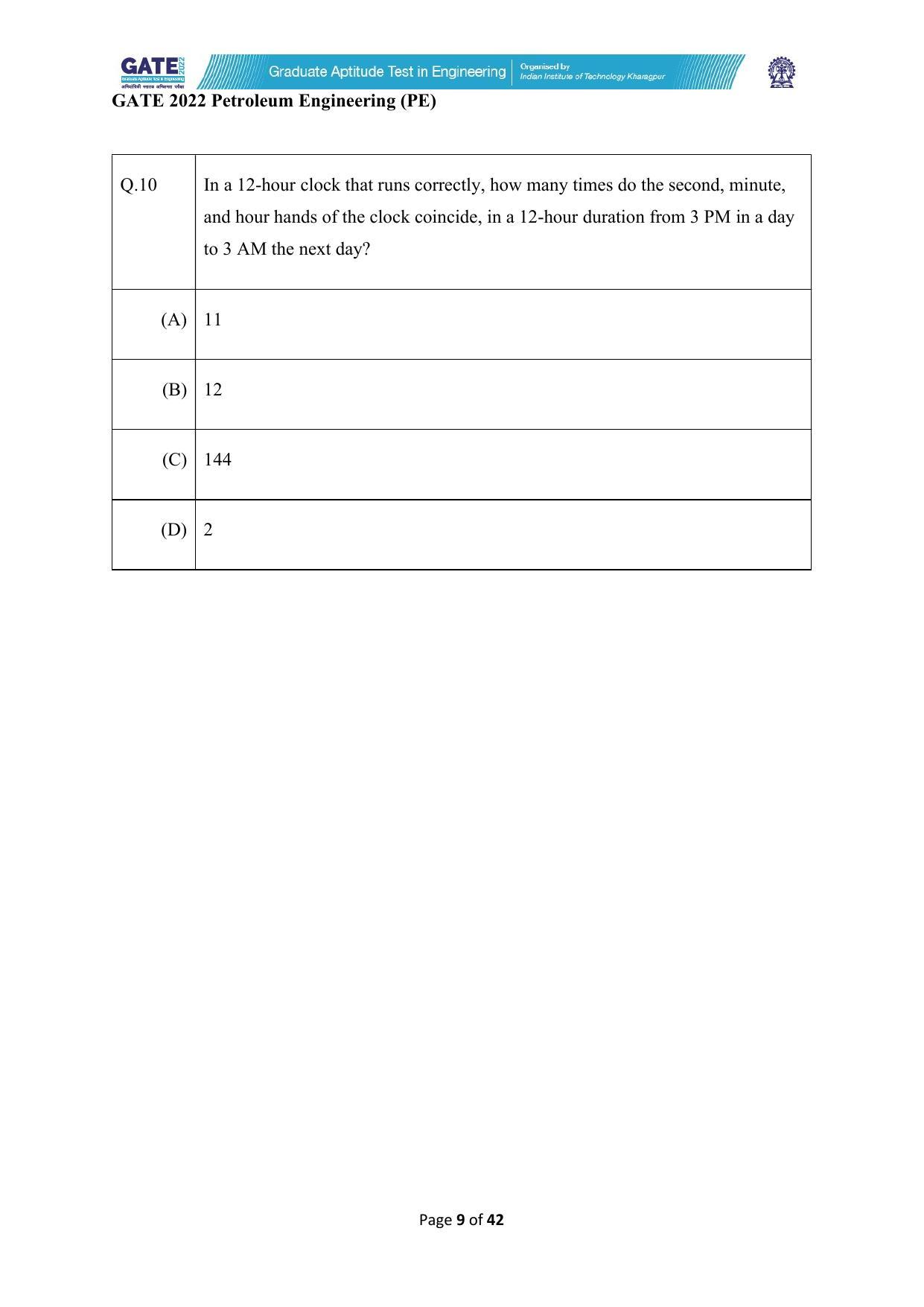 GATE 2022 Petroleum Engineering (PE) Question Paper - Page 9