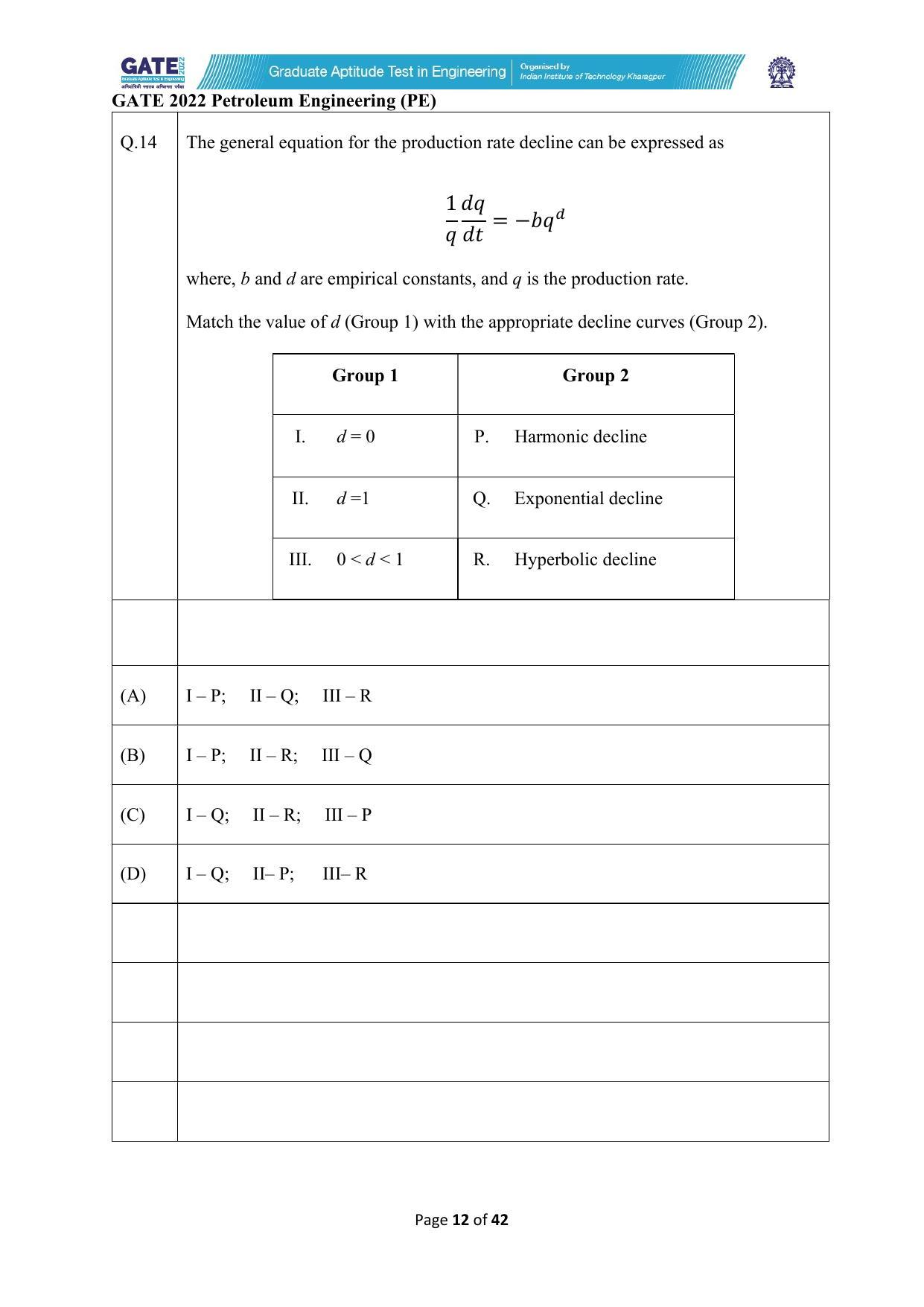 GATE 2022 Petroleum Engineering (PE) Question Paper - Page 12