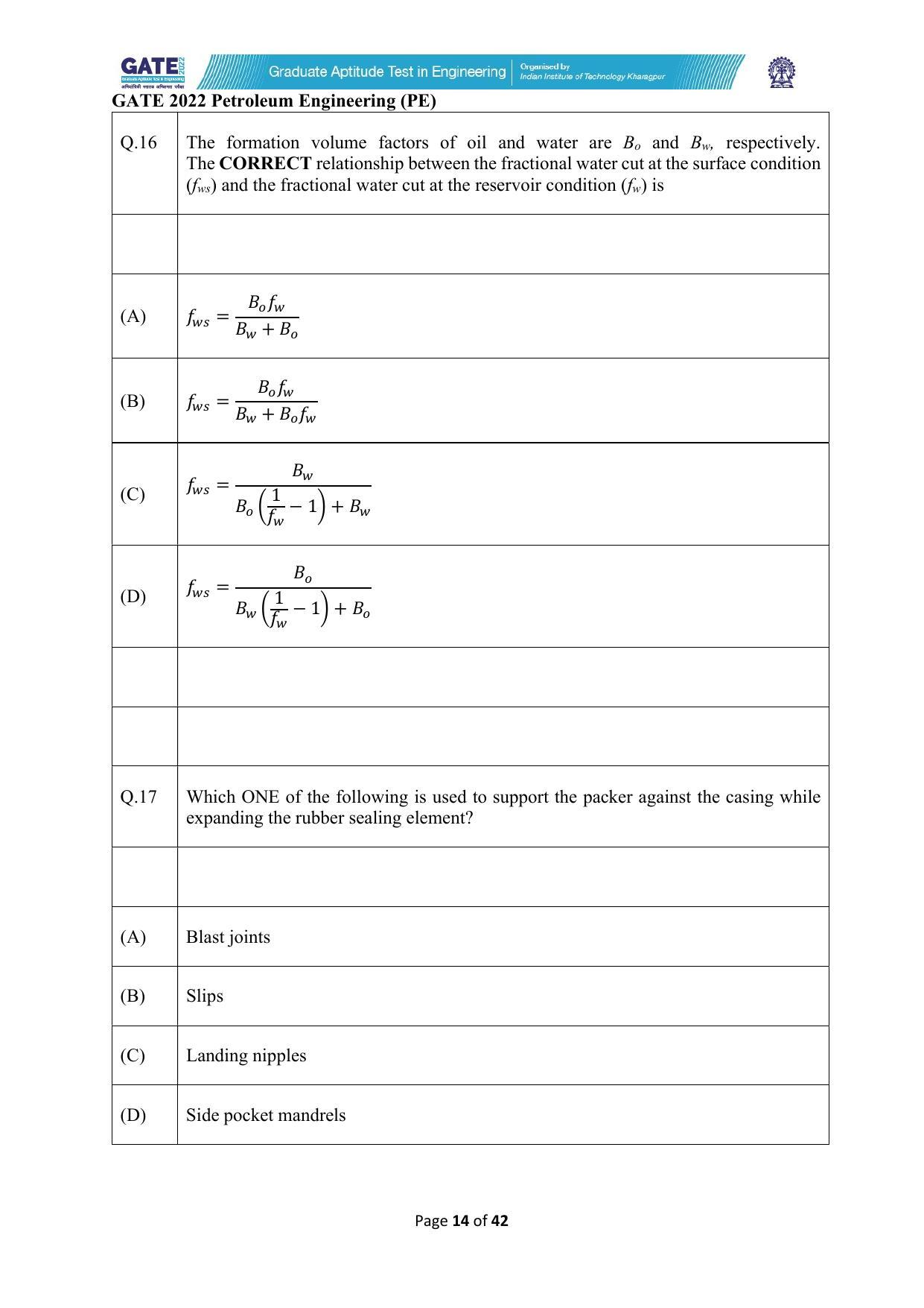 GATE 2022 Petroleum Engineering (PE) Question Paper - Page 14
