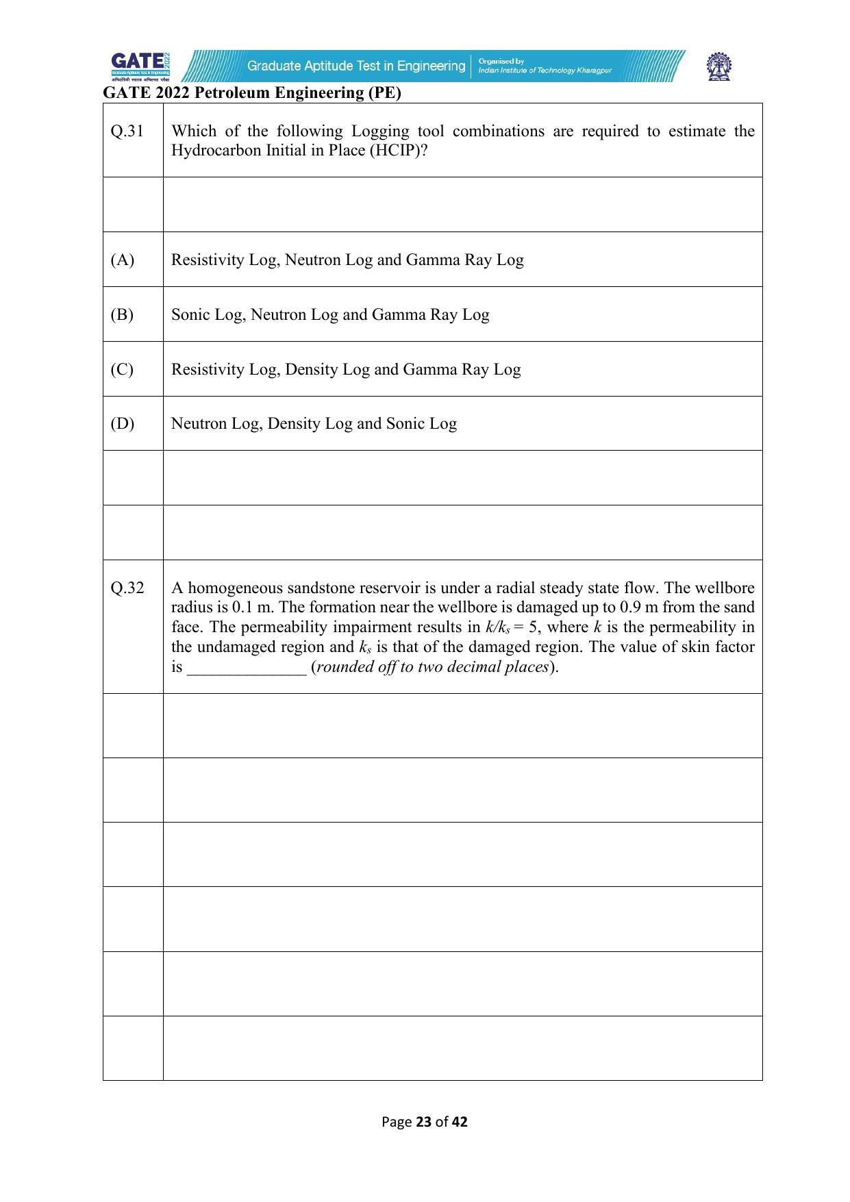 GATE 2022 Petroleum Engineering (PE) Question Paper - Page 23