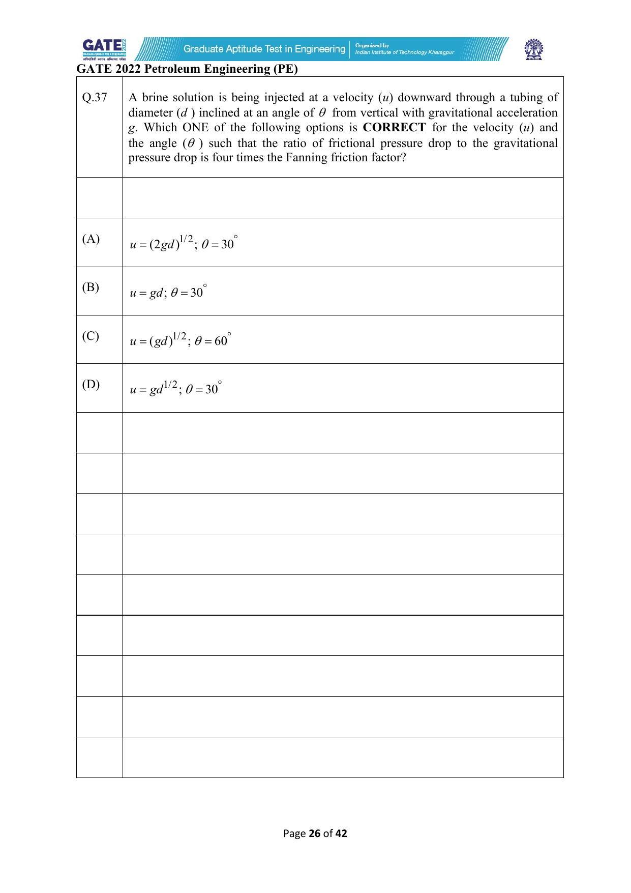 GATE 2022 Petroleum Engineering (PE) Question Paper - Page 26