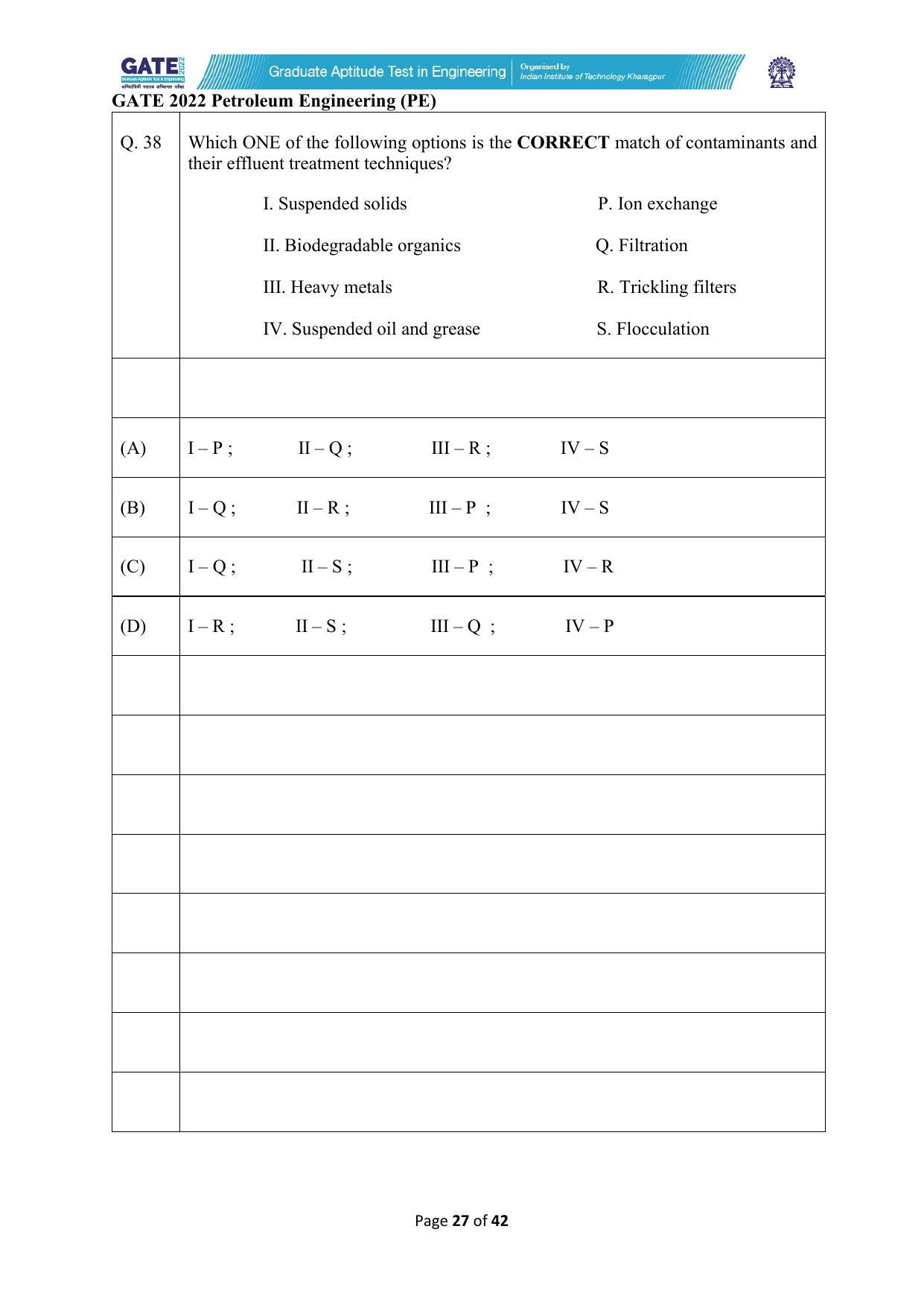 GATE 2022 Petroleum Engineering (PE) Question Paper - Page 27