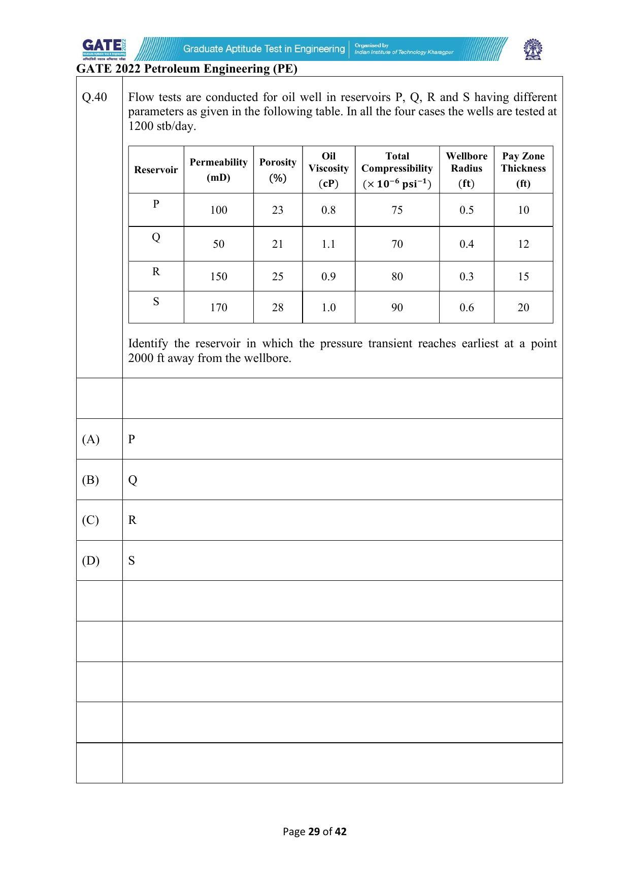 GATE 2022 Petroleum Engineering (PE) Question Paper - Page 29