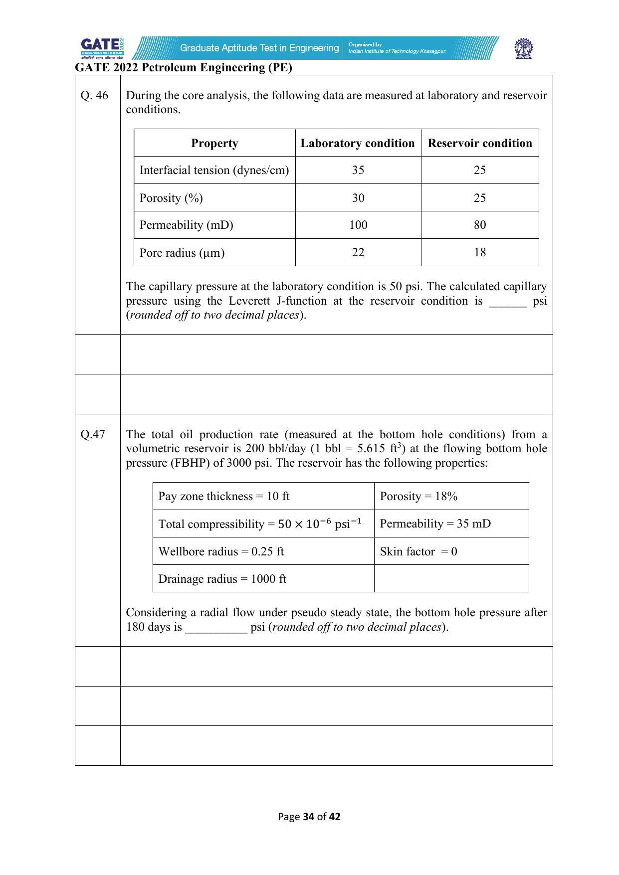 GATE 2022 Petroleum Engineering (PE) Question Paper - Page 34