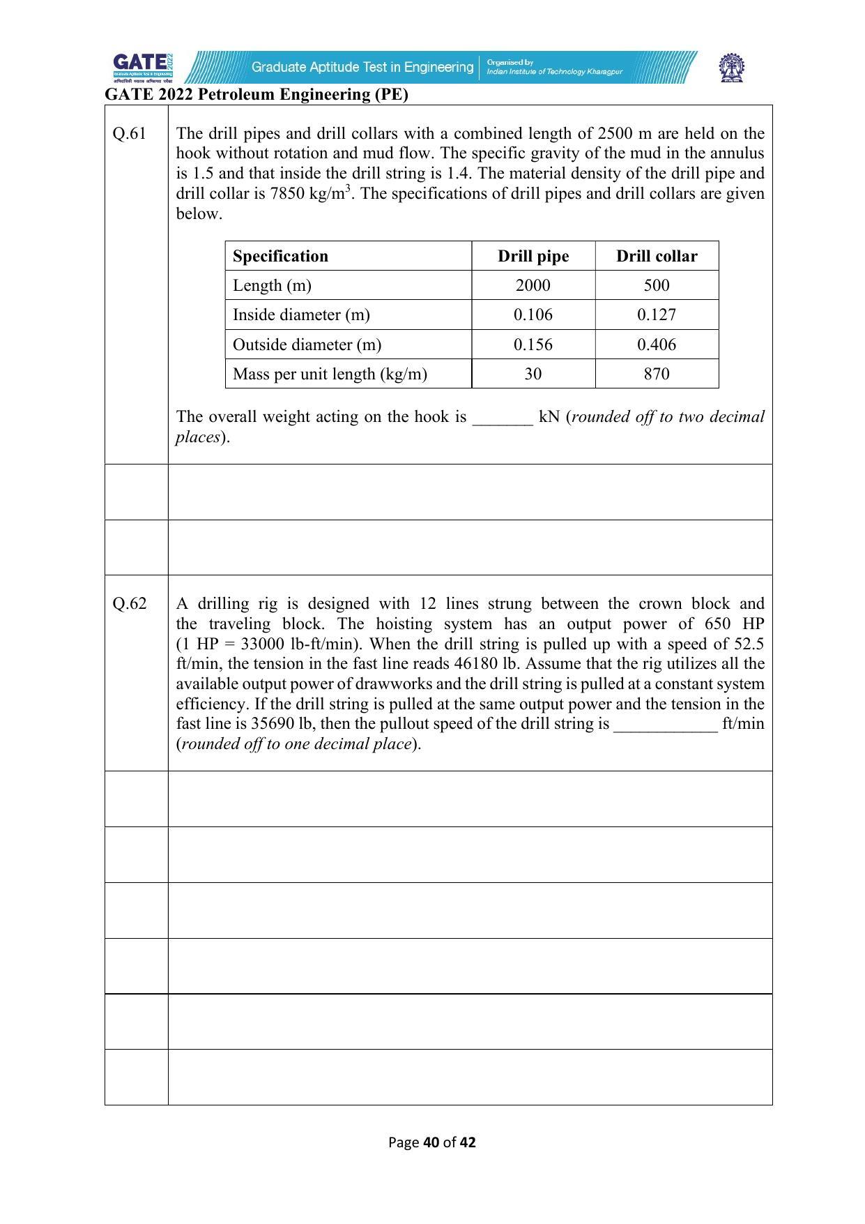 GATE 2022 Petroleum Engineering (PE) Question Paper - Page 40
