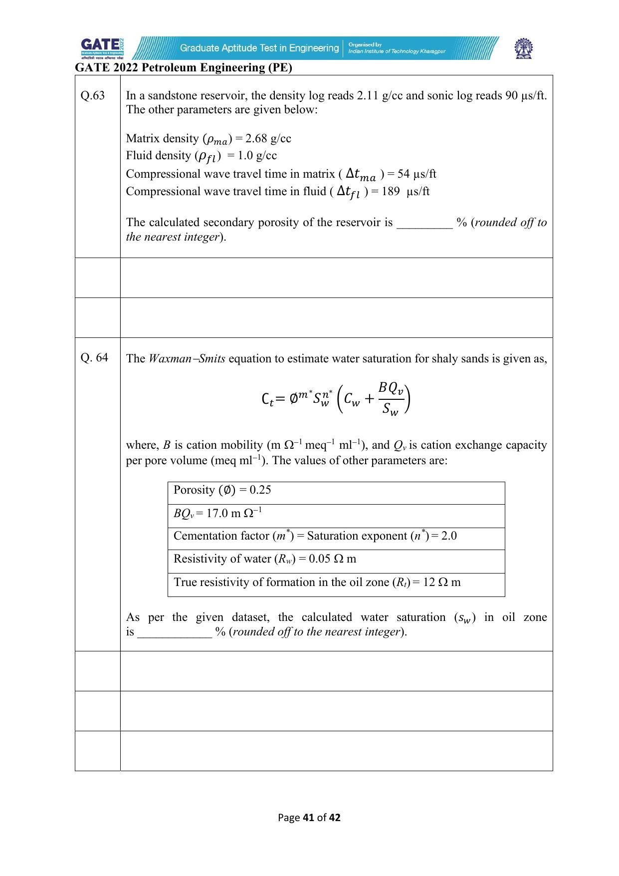 GATE 2022 Petroleum Engineering (PE) Question Paper - Page 41