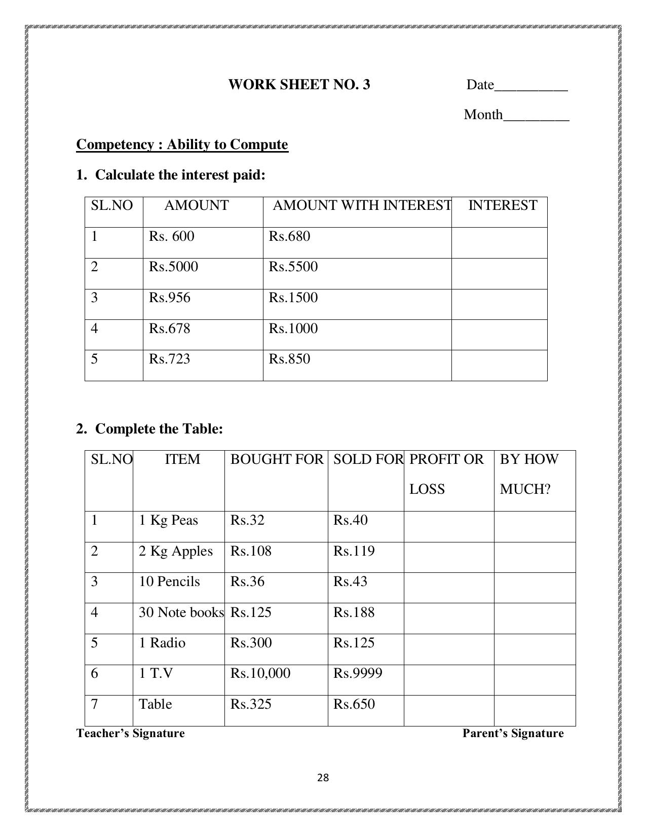Worksheet for Class 4 Maths The Junk Seller Assignment 1 - Page 1
