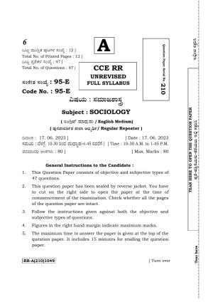 Karnataka SSLC Sociology (English Medium) Exam Question Paper 2023 (A Version)