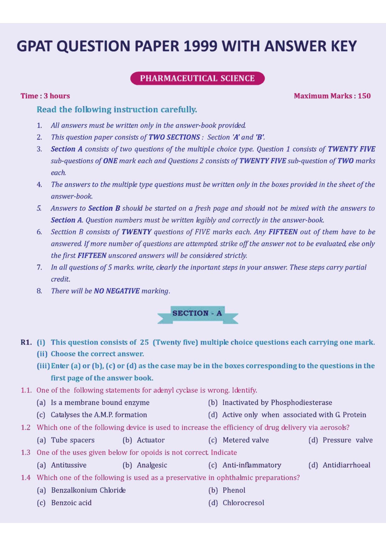 GPAT 1999 Question Paper with Answer Key - Page 1
