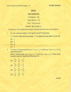 Manipur HSLC 2019 Mathematics Question Paper