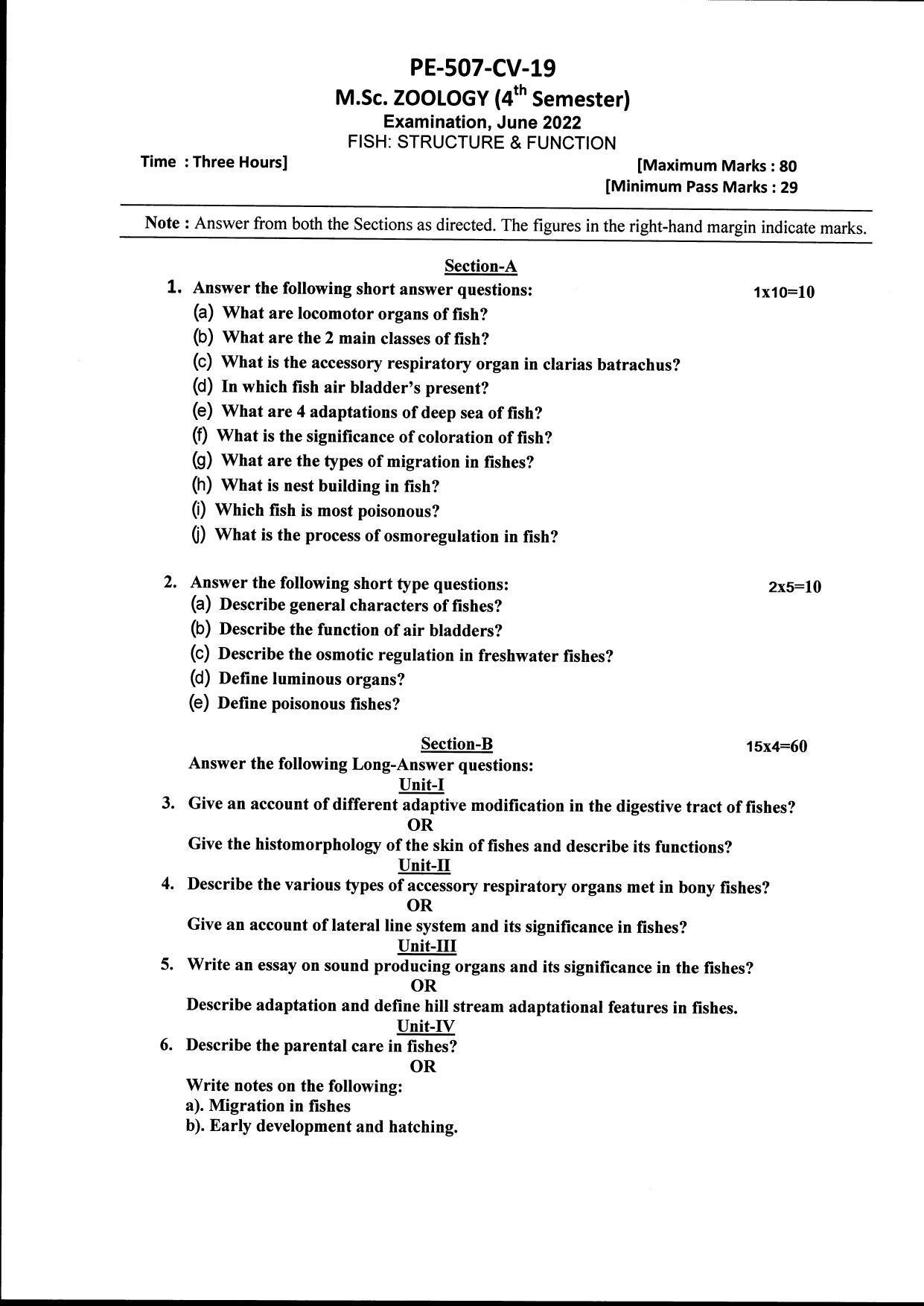 Bilaspur University Question Paper June 2022:M.Sc. Zoology (Fourth Semester) Fish - Structure And Function paper 1 - Page 1