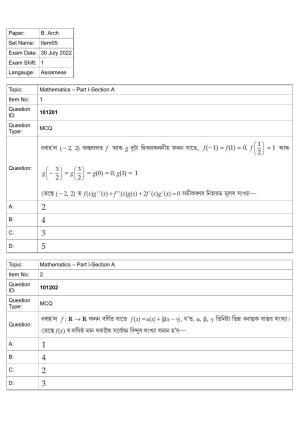 JEE Mains 2022: B.Arch Assamese (Shift 1) 30-07-2022 Question Paper