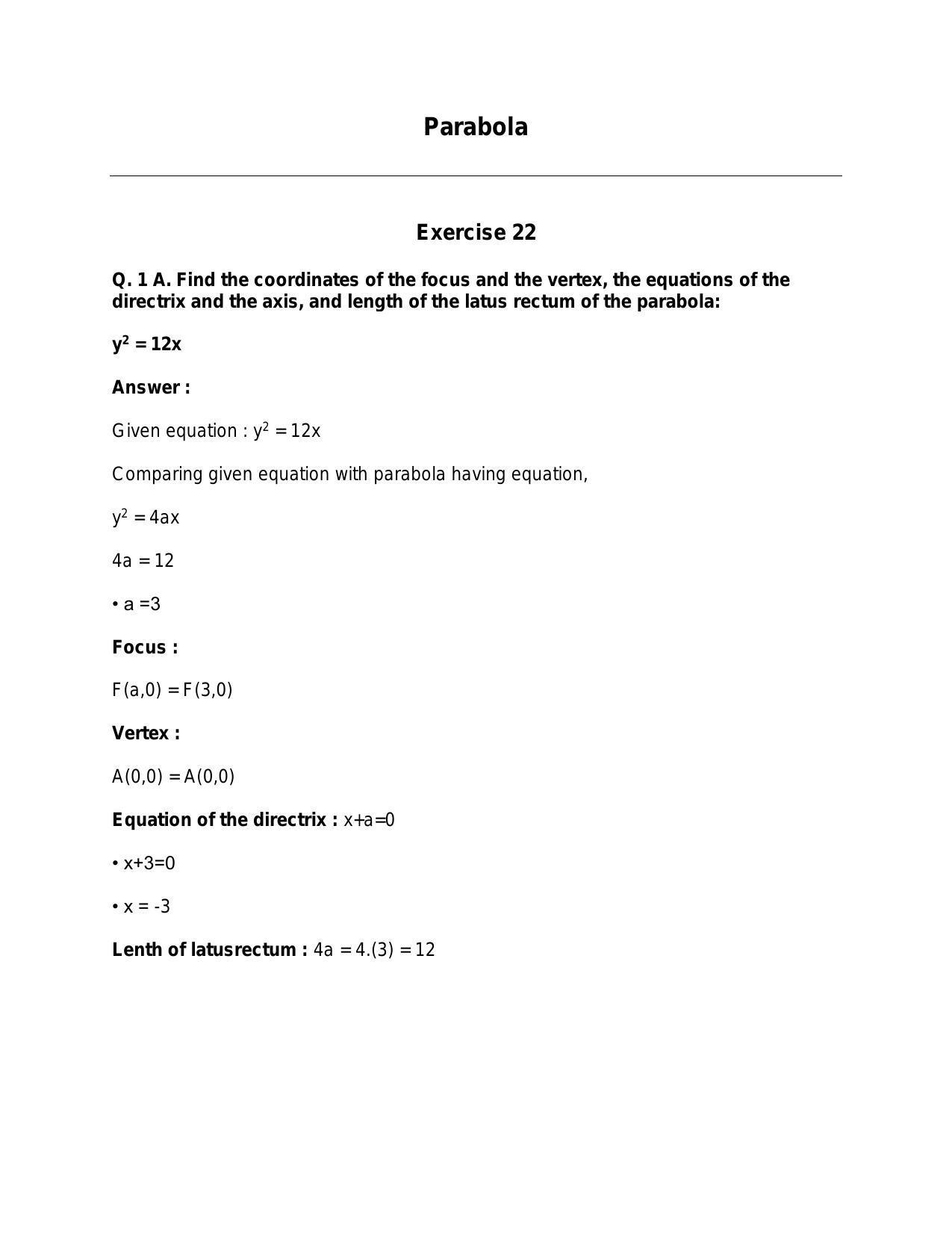 Chapter 22: Parabola: RS Aggarwal Class 11 Solutions - Page 1