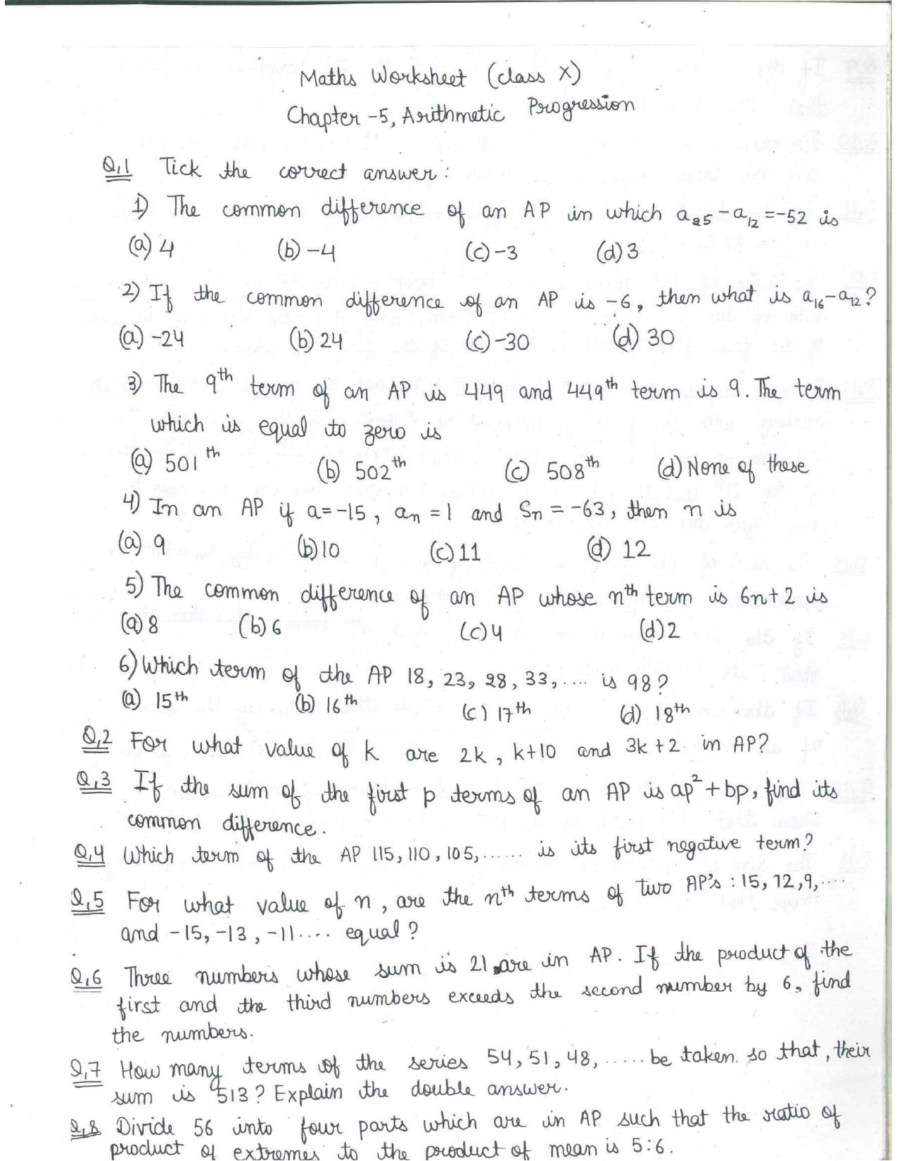 CBSE Worksheets for Class 10 Maths Arithmetic Progression Assignment 4 - Page 1
