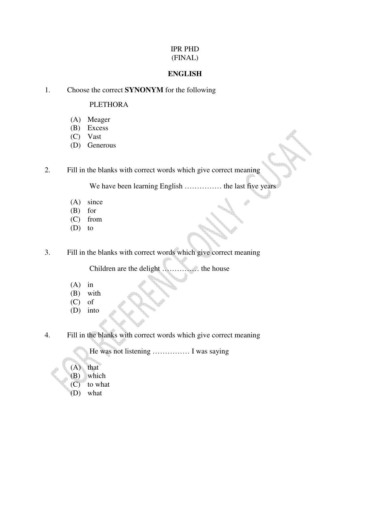 CUSAT CAT 2023 IP IPR PHD Question Paper - Page 1
