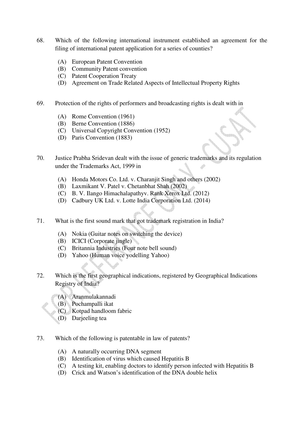 CUSAT CAT 2023 IP IPR PHD Question Paper - Page 15