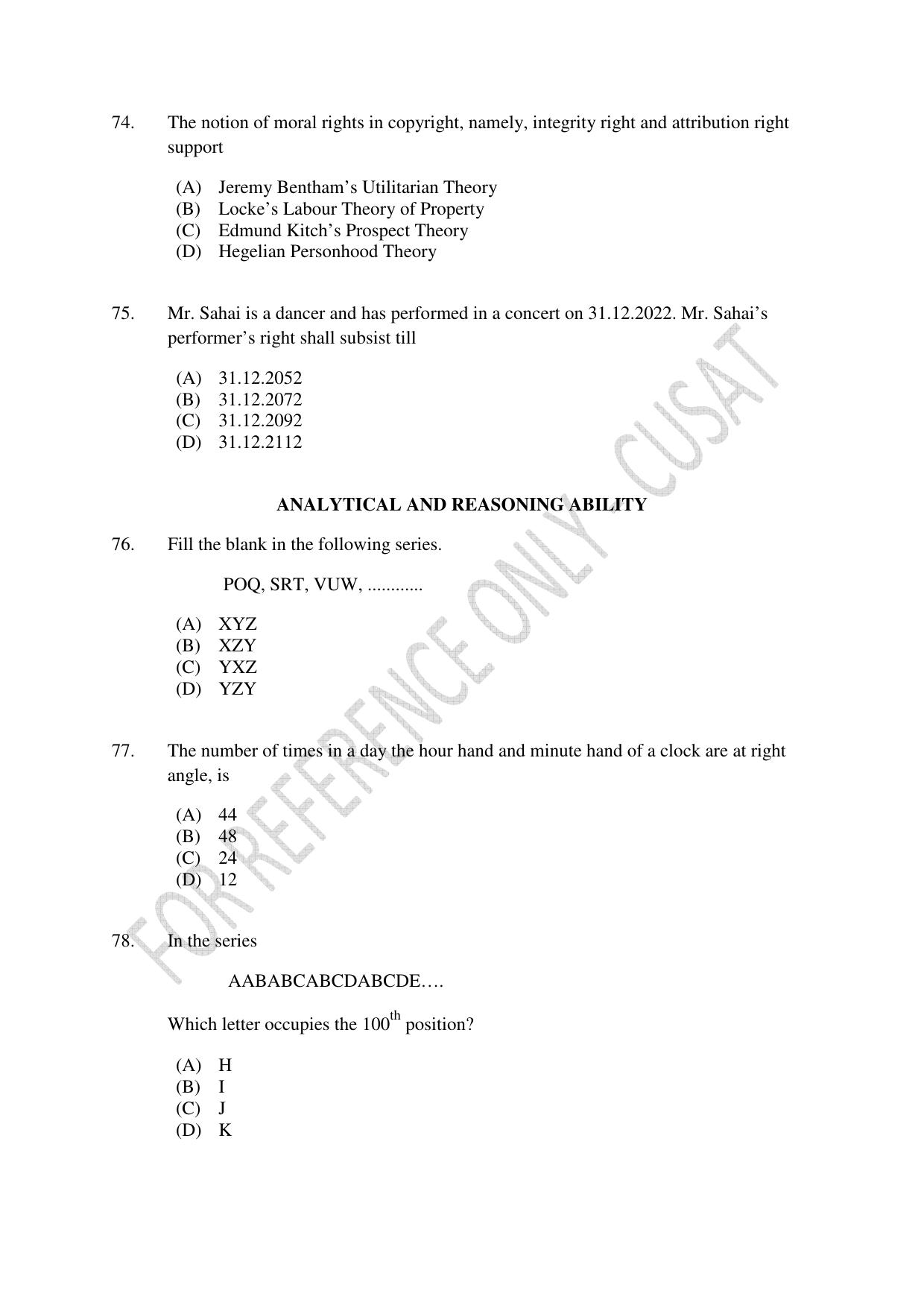 CUSAT CAT 2023 IP IPR PHD Question Paper - Page 16