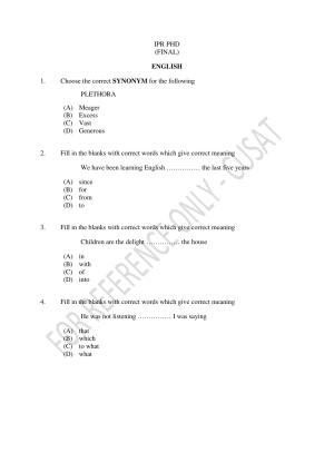 CUSAT CAT 2023 IP IPR PHD Question Paper